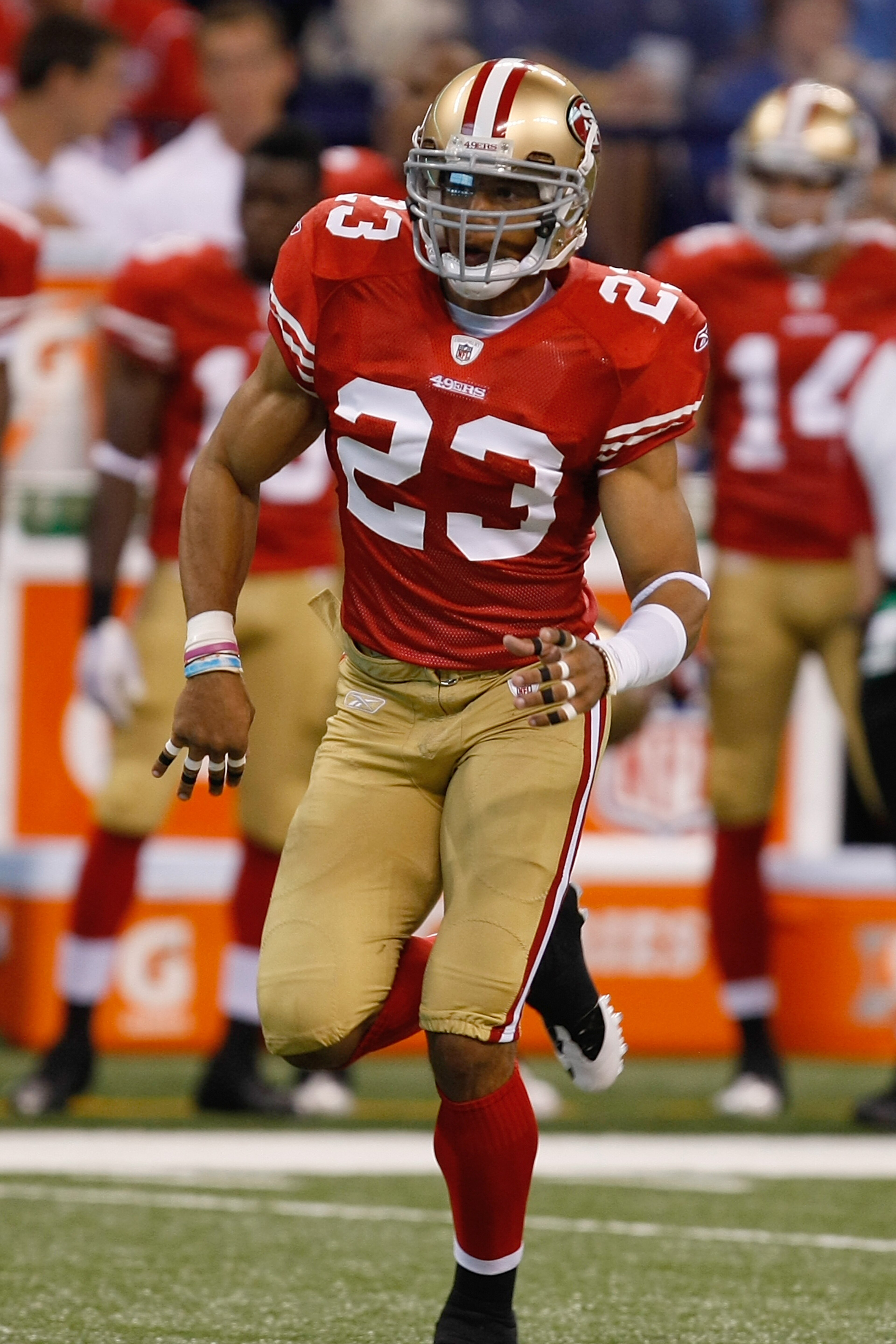 INDIANAPOLIS, IN - AUGUST 15: Taylor Mays #23 of the San Francisco 49ers runs against the Indianapolis Colts during the preseason game at Lucas Oil Stadium on August 15, 2010 in Indianapolis, Indiana.  (Photo by Scott Boehm/Getty Images)