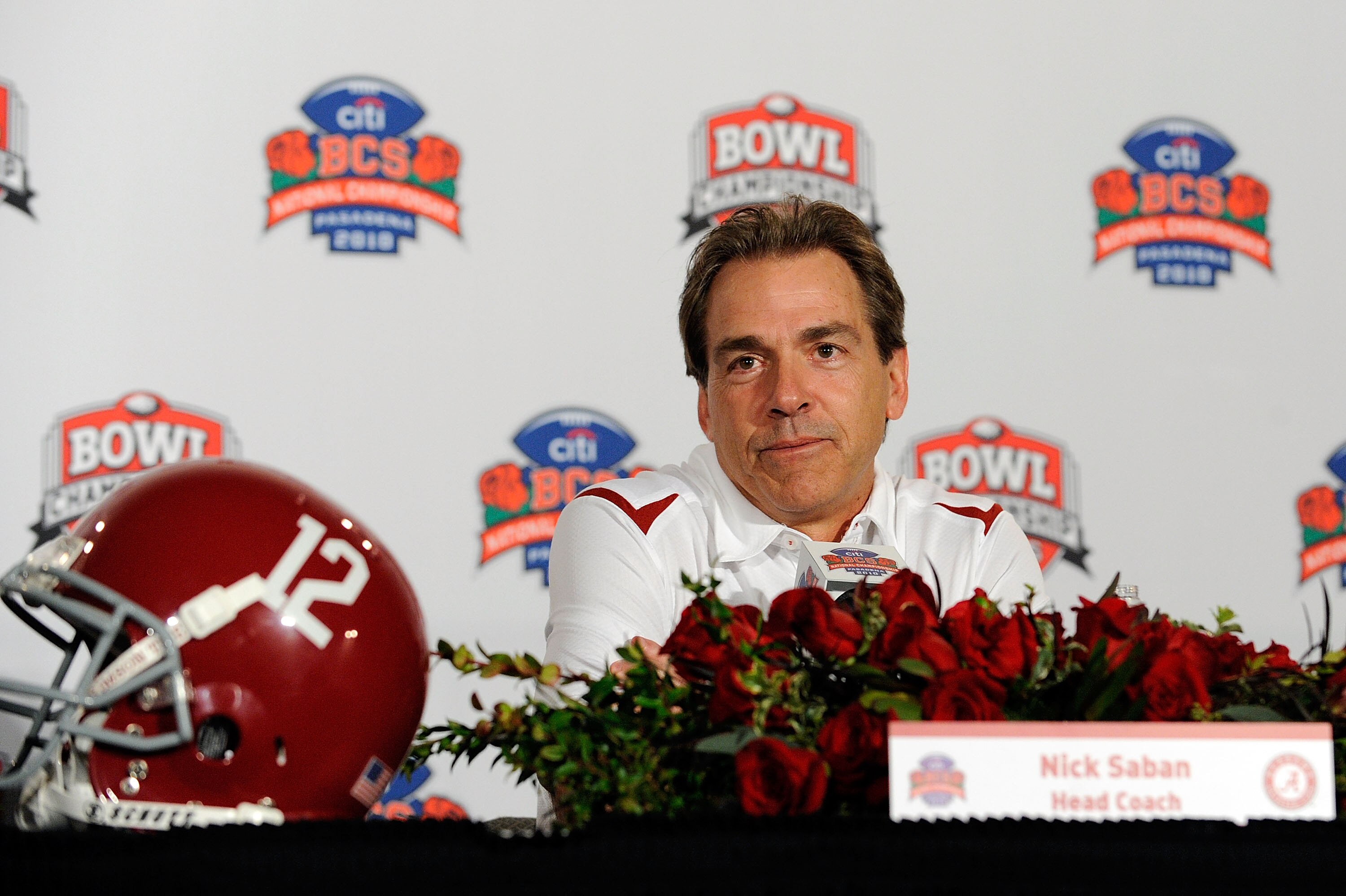 PASADENA, CA - JANUARY 07:  Head coach Nick Saban of the Alabama Crimson Tide speaks during a press conference after winning the Citi BCS National Championship game over the Texas Longhorns at the Rose Bowl on January 7, 2010 in Pasadena, California. The