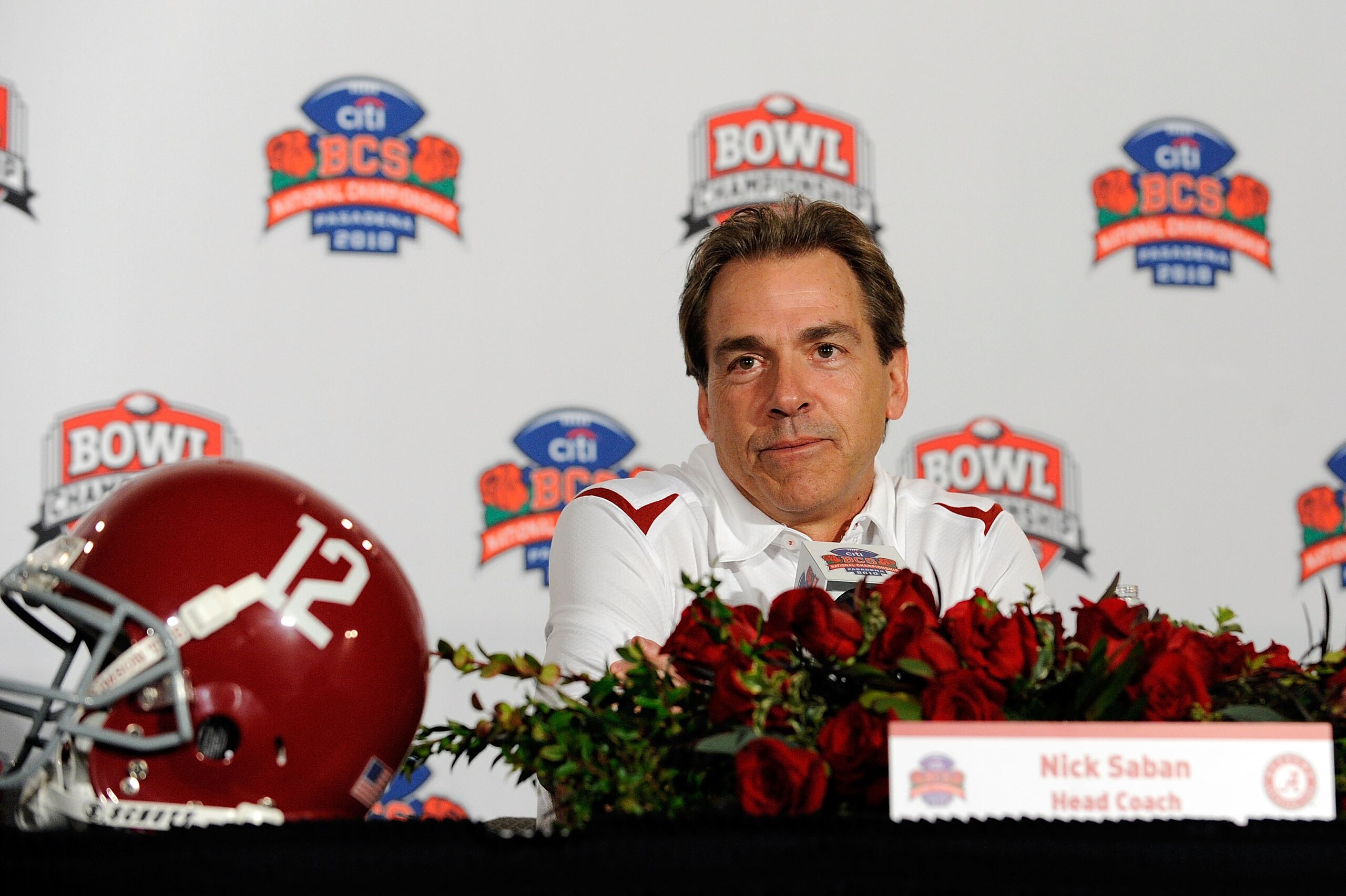 PASADENA, CA - JANUARY 07: Head coach Nick Saban of the Alabama Crimson Tide speaks during a press conference after winning the Citi BCS National Championship game over the Texas Longhorns at the Rose Bowl on January 7, 2010 in Pasadena, California. The PASADENA, CA - JANUARY 07: Head coach Nick Saban of the Alabama Crimson Tide speaks during a press conference after winning the Citi BCS National Championship game over the Texas Longhorns at the Rose Bowl on January 7, 2010 in Pasadena, California. The