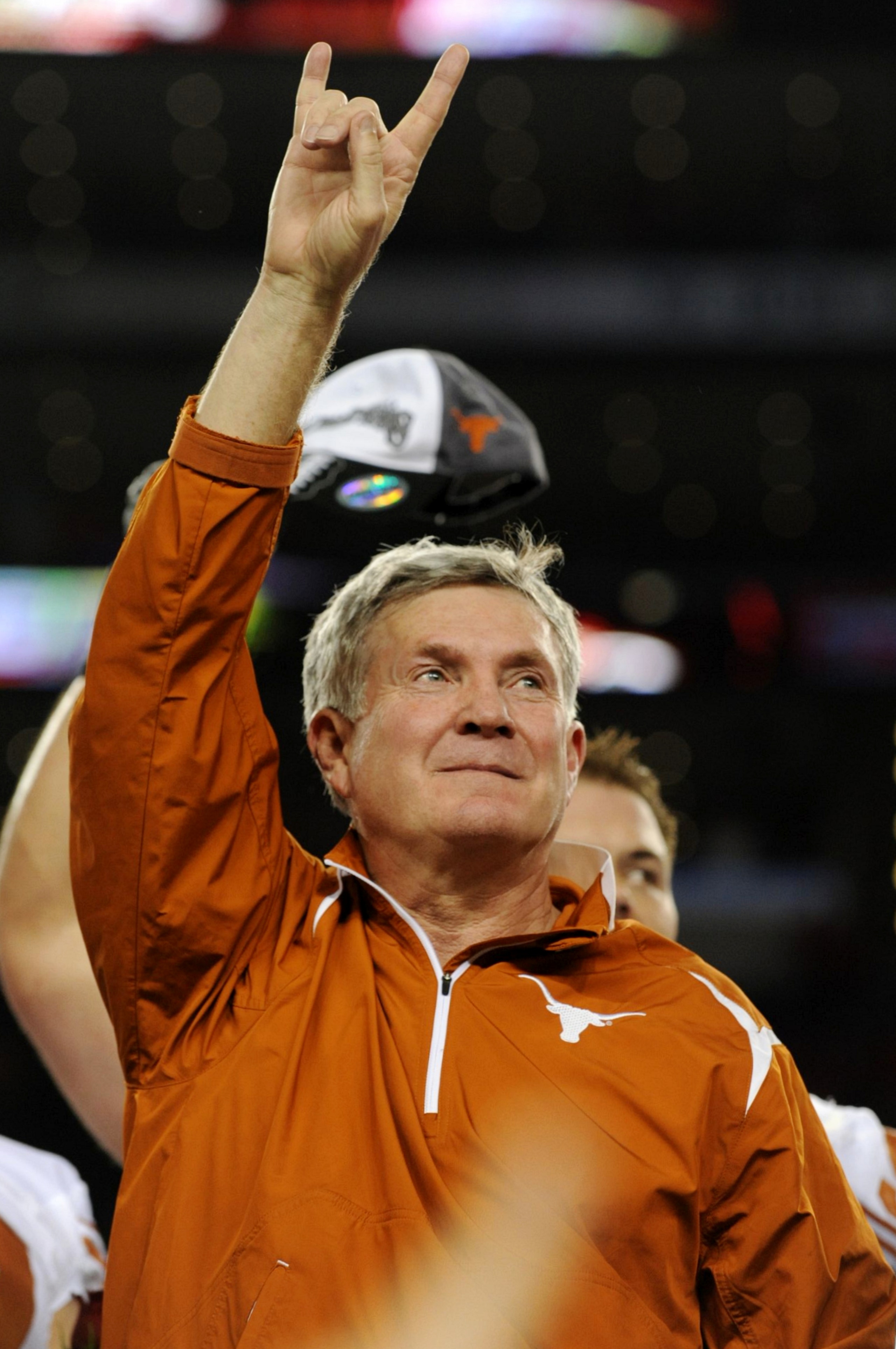 ARLINGTON, TX - DECEMBER 5: Head coach Mack Brown of the Texas Longhorns after his teams 10-6 victory over the Nebraska Cornhuskers in the game at Cowboys Stadium on December 5, 2009 in Arlington, Texas. (Photo by Ronald Martinez/Getty Images) ARLINGTON, TX - DECEMBER 5: Head coach Mack Brown of the Texas Longhorns after his teams 10-6 victory over the Nebraska Cornhuskers in the game at Cowboys Stadium on December 5, 2009 in Arlington, Texas. (Photo by Ronald Martinez/Getty Images)