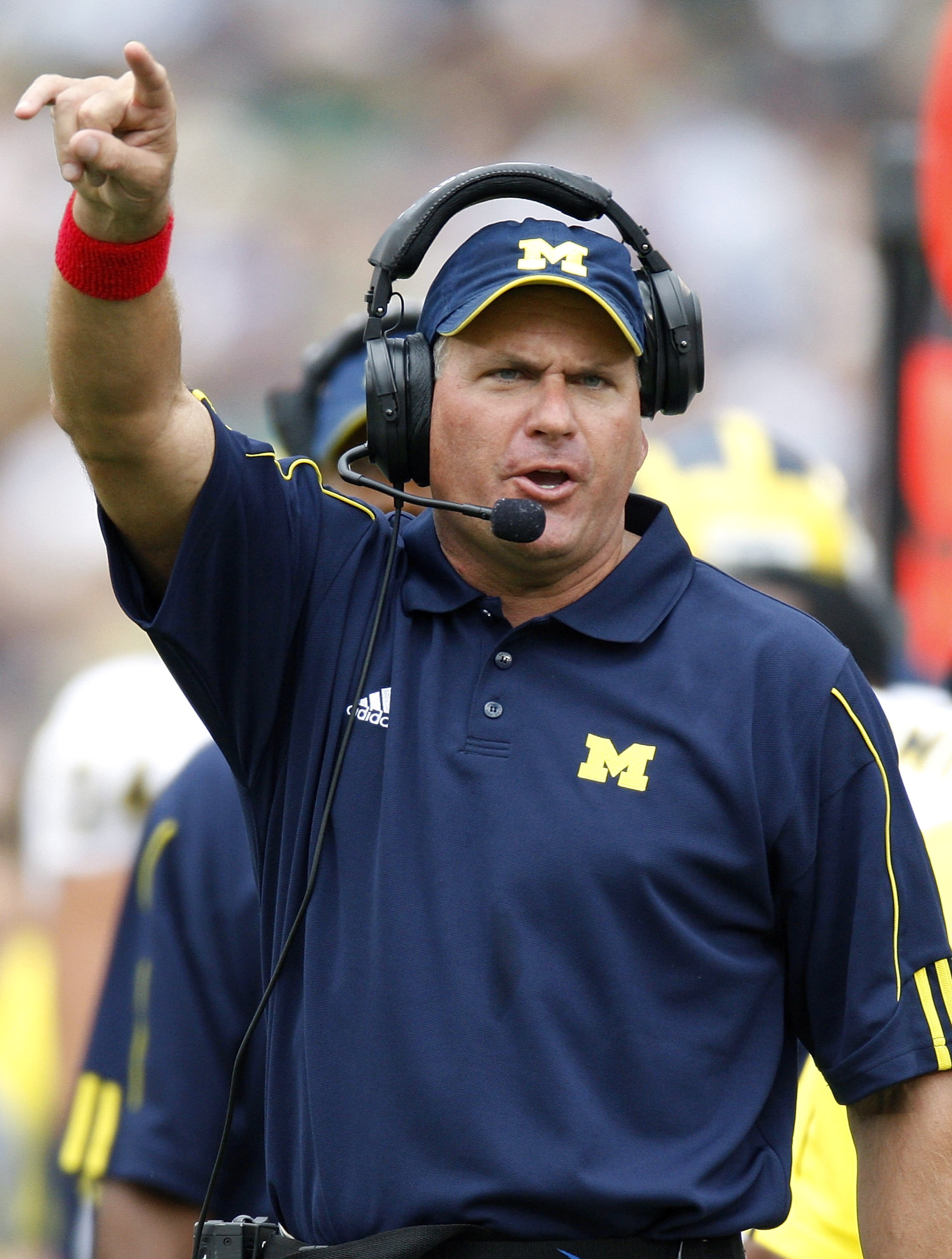 SOUTH BEND, IN - SEPTEMBER 13: Head coach Rich Rodriguez of the Michigan Wolverines yells from the sideline in the first quarter while playing the Notre Dame Fighting Irishon September 13, 2008 at Notre Dame Stadium in South Bend, Indiana. Notre Dame won