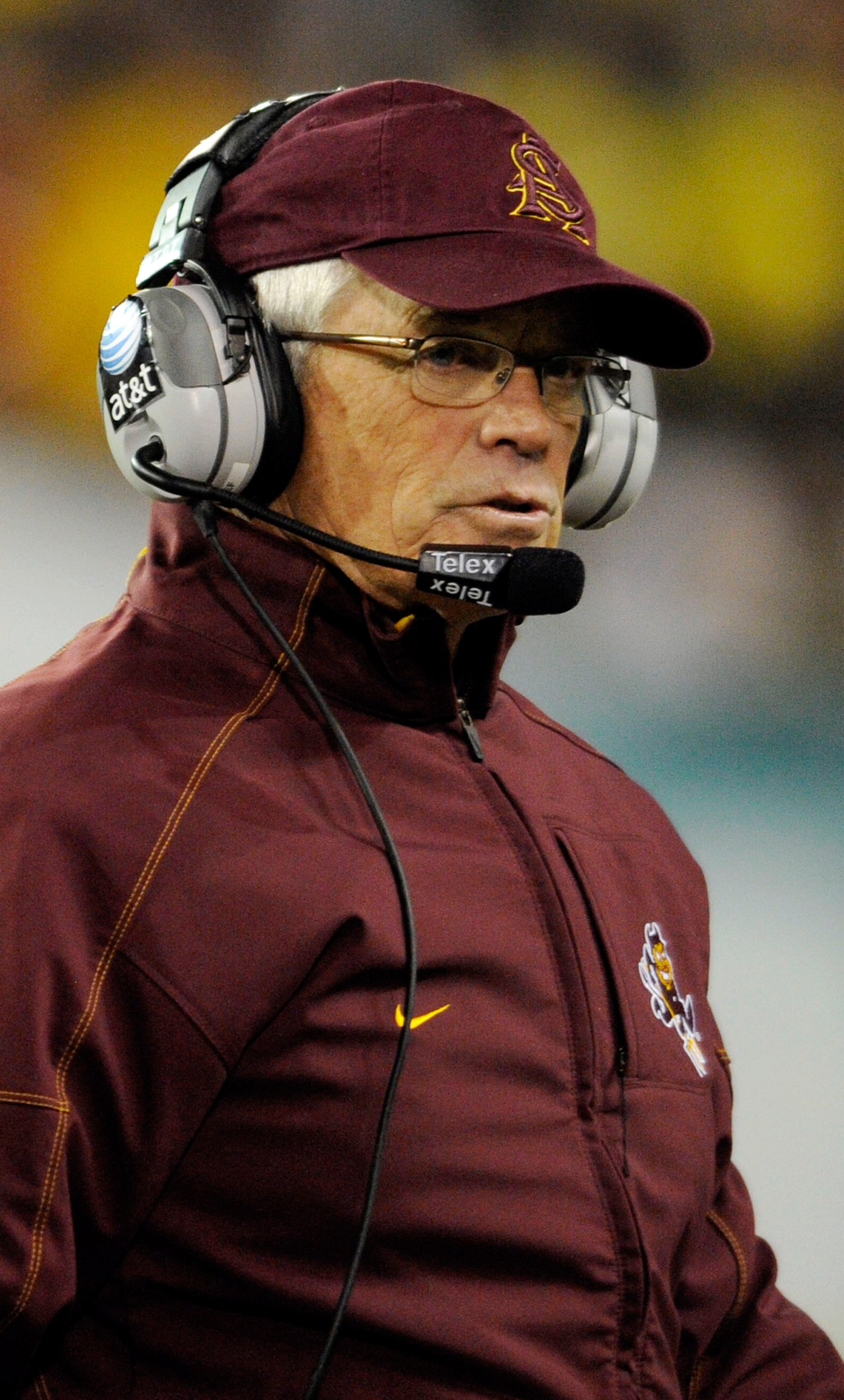 EUGENE,OR - NOVEMBER 14:  Head coach Dennis Erickson of the Arizona State Sun Devils looks out at the action on the field in the third quarter of the game against the Oregon Ducks at Autzen Stadium on November 14, 2009 in Eugene, Oregon. Oregon Defeated a