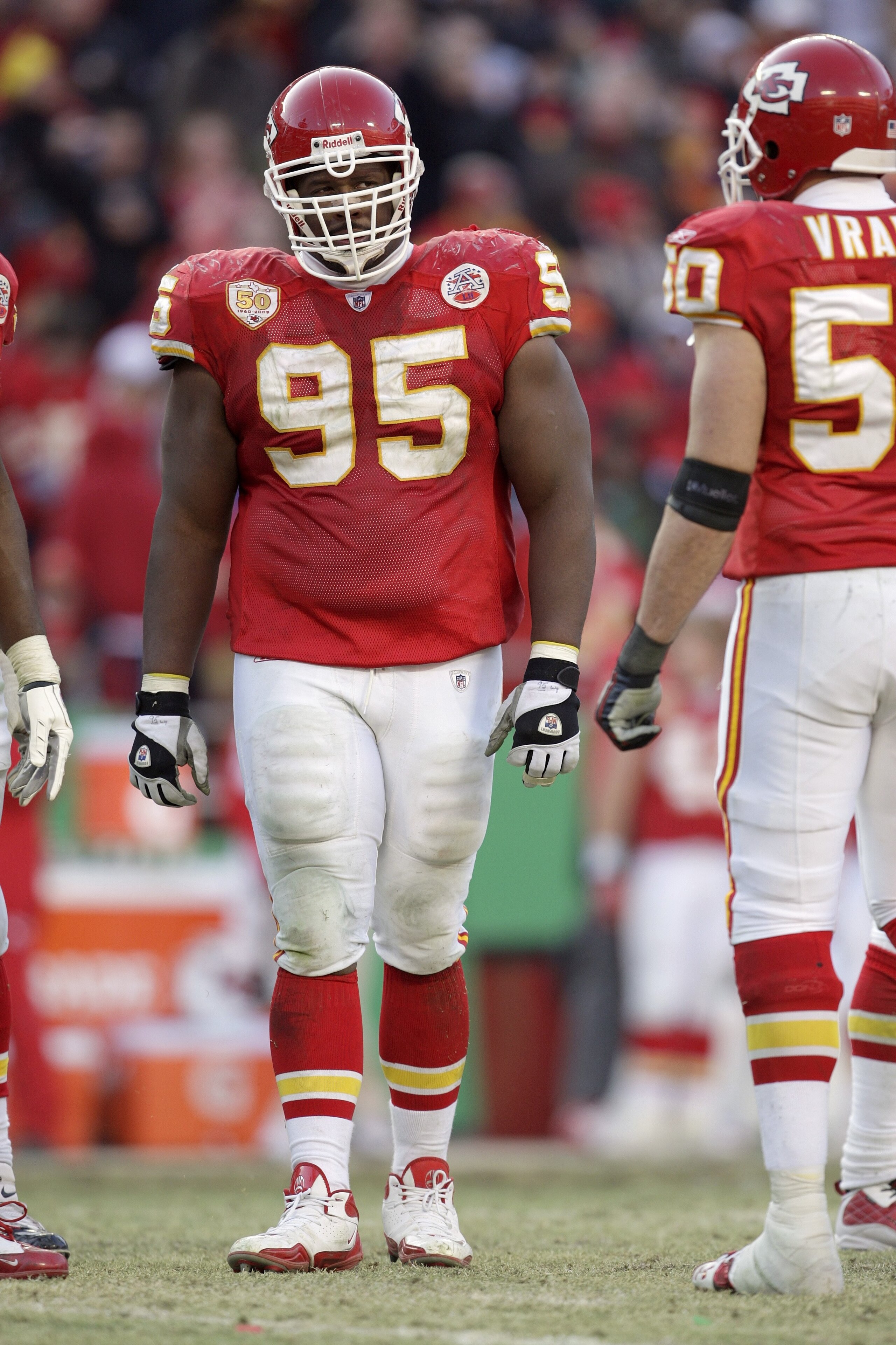 KANSAS CITY, MO - DECEMBER 20: Ron Edwards #95 of the Kansas City Chiefs looks on during their NFL game against the Cleveland Browns on December 20, 2009 at Arrowhead Stadium in Kansas City, Missouri. The Browns defeated the Chiefs 41-34. (Photo by Jamie KANSAS CITY, MO - DECEMBER 20: Ron Edwards #95 of the Kansas City Chiefs looks on during their NFL game against the Cleveland Browns on December 20, 2009 at Arrowhead Stadium in Kansas City, Missouri. The Browns defeated the Chiefs 41-34. (Photo by Jamie