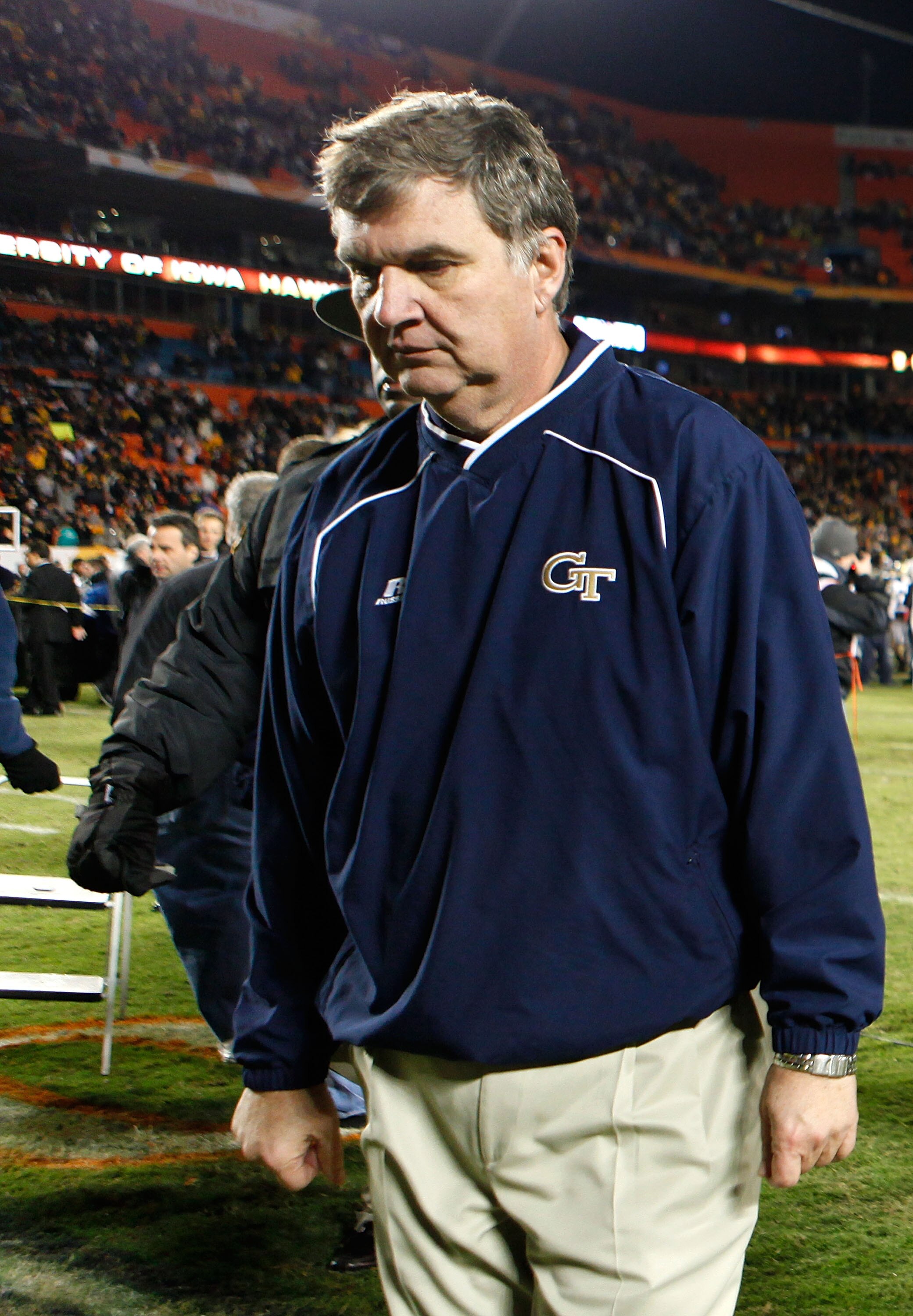 MIAMI GARDENS, FL - JANUARY 05:  Head coach Paul Johnson of the Georgia Tech Yellow Jackets walks off the field dejected after they lost 24-14 against the Iowa Hawkeyes during the FedEx Orange Bowl at Land Shark Stadium on January 5, 2010 in Miami Gardens