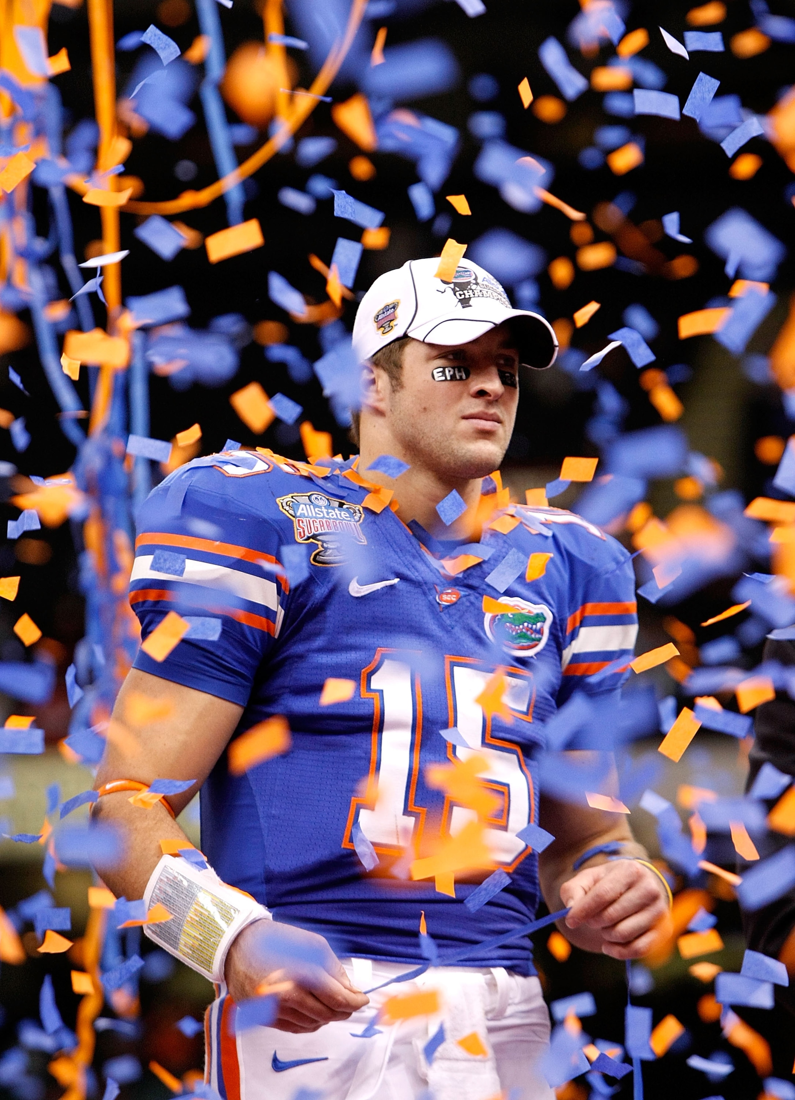 NEW ORLEANS - JANUARY 01:  Tim Tebow #15 of the Florida Gators celebrates after defeating the Cincinnati Bearcats 24-51 in the Allstate Sugar Bowl at the Louisana Superdome on January 1, 2010 in New Orleans, Louisiana.  (Photo by Kevin C. Cox/Getty Images