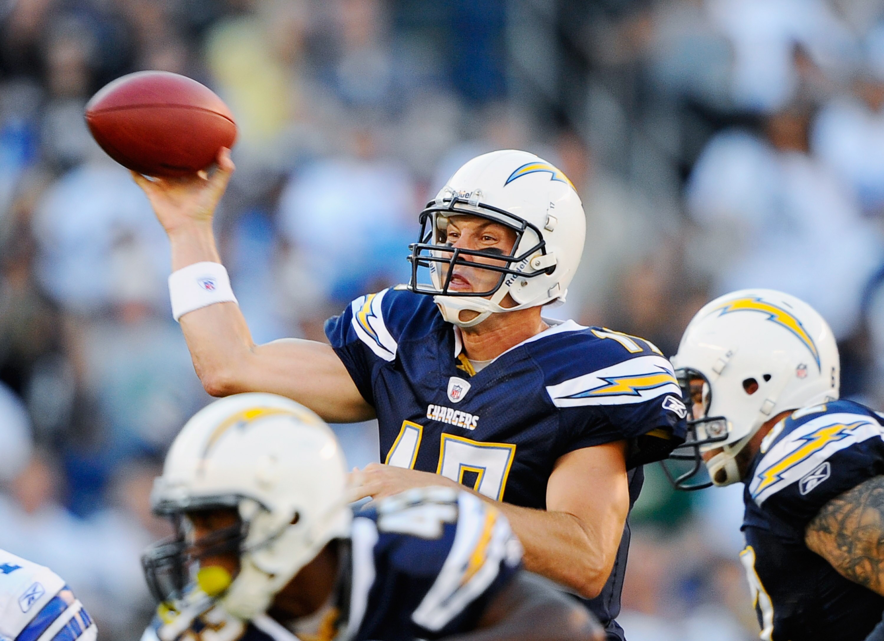 SAN DIEGO - AUGUST 21:  Quarterback Philip Rivers #17 of the San Diego Chargers throws a pass against the Dallas Cowboys during their preseason NFL football game at Qualcomm Stadium on August 21, 2010 in San Diego, California.  (Photo by Kevork Djansezian