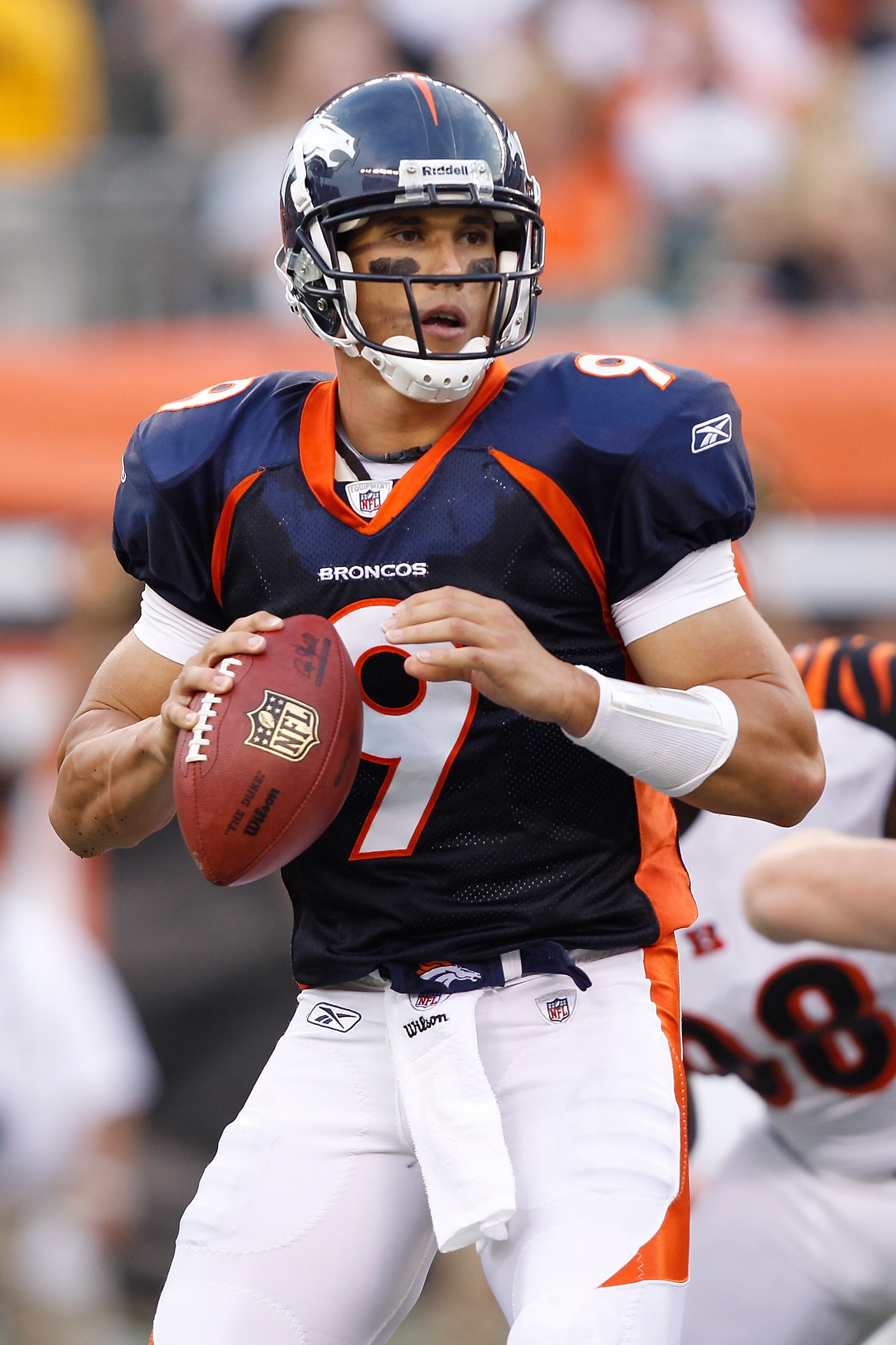 CINCINNATI, OH - AUGUST 15: Brady Quinn #9 of the Denver Broncos looks to pass against the Cincinnati Bengals during a preseason game at Paul Brown Stadium on August 15, 2010 in Cincinnati, Ohio. The Bengals won 33-24. (Photo by Joe Robbins/Getty Images)