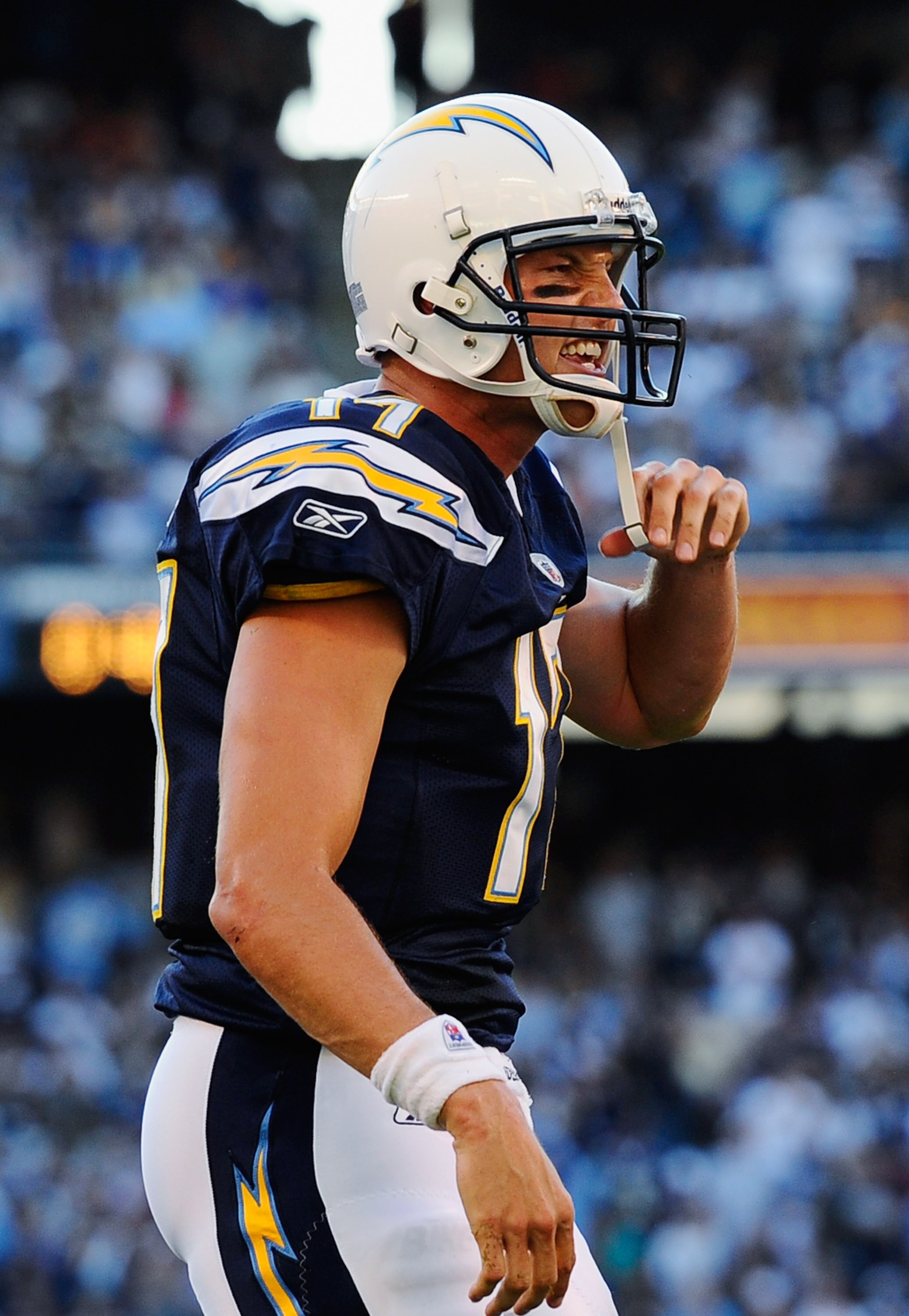 SAN DIEGO - AUGUST 21:  Quarterback Philip Rivers #17 of the San Diego Chargers reacts against the Dallas Cowboys after scoring a touchdown during their pre-season NFL football game at Qualcomm Stadium on August 21, 2010 in San Diego, California.  (Photo 