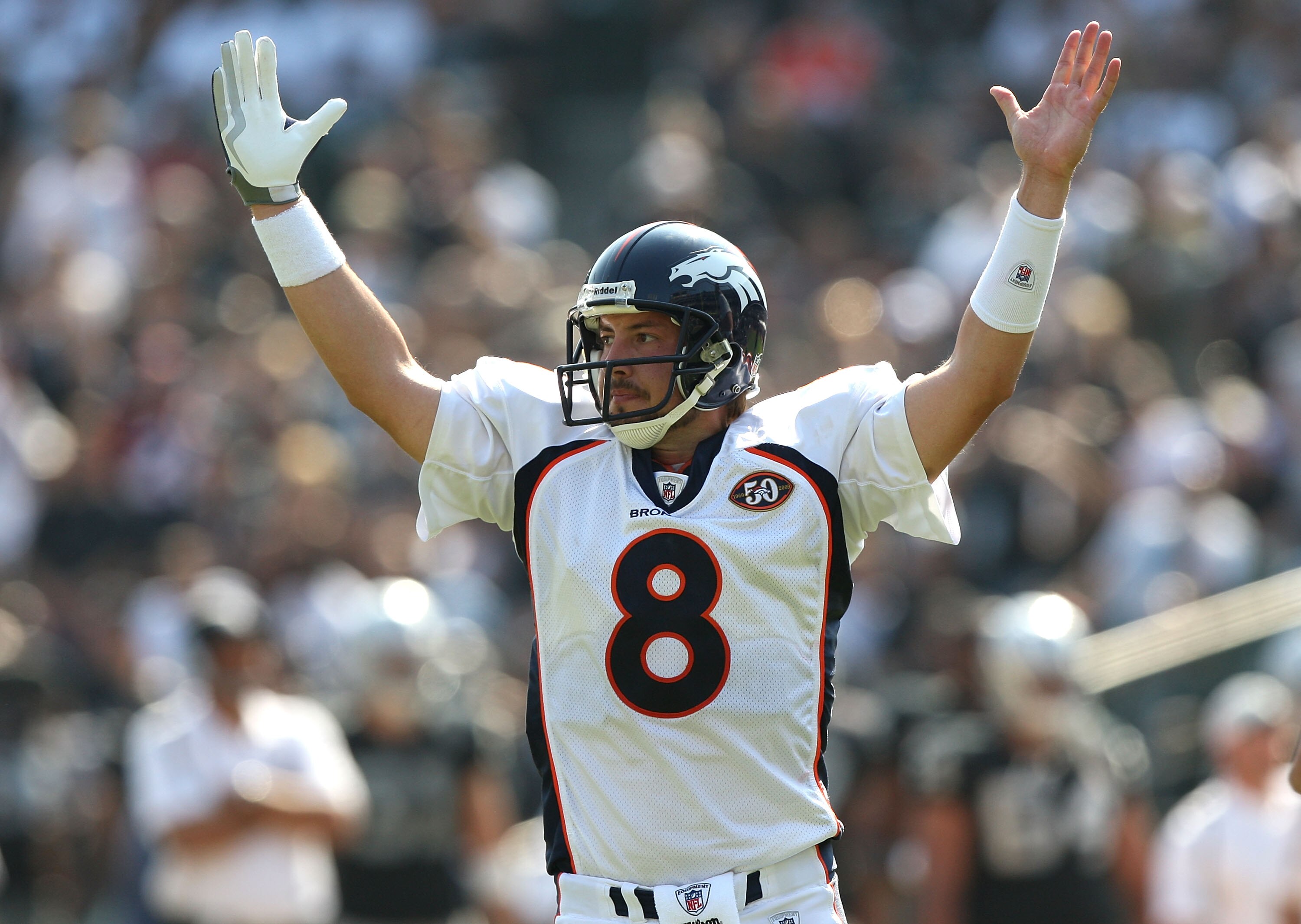 OAKLAND, CA - SEPTEMBER 27:  Kyle Orton #8 of the Denver Broncos celebrates after Knowshon Moreno scored a touchdown in the second half against the Oakland Raiders on September 27, 2009 during an NFL game at the Oakland-Alameda County Coliseum in Oakland,