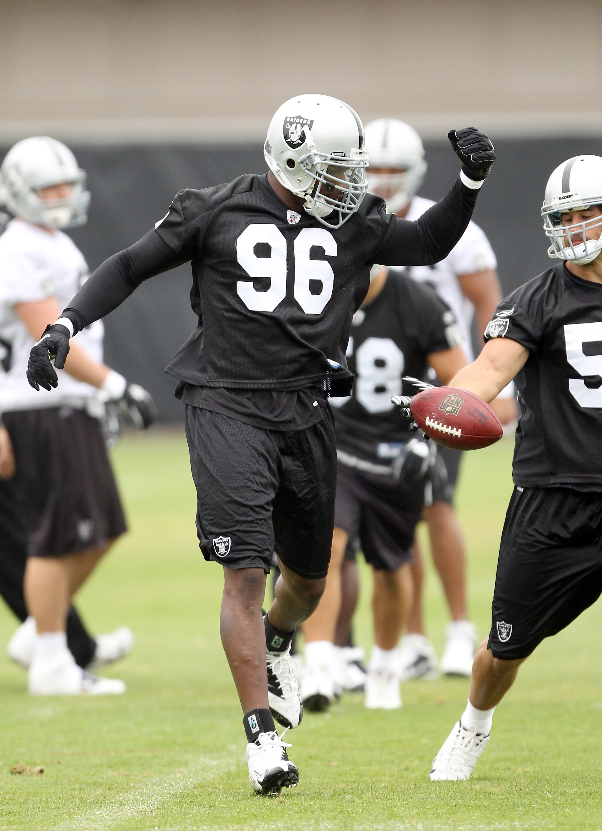 NAPA, CA - AUGUST 01:  Kamerion Wimbley #96 of the Oakland Raiders works out during the Raiders training camp at their Napa Valley Training Complex on August 1, 2010 in Napa, California.  (Photo by Ezra Shaw/Getty Images)