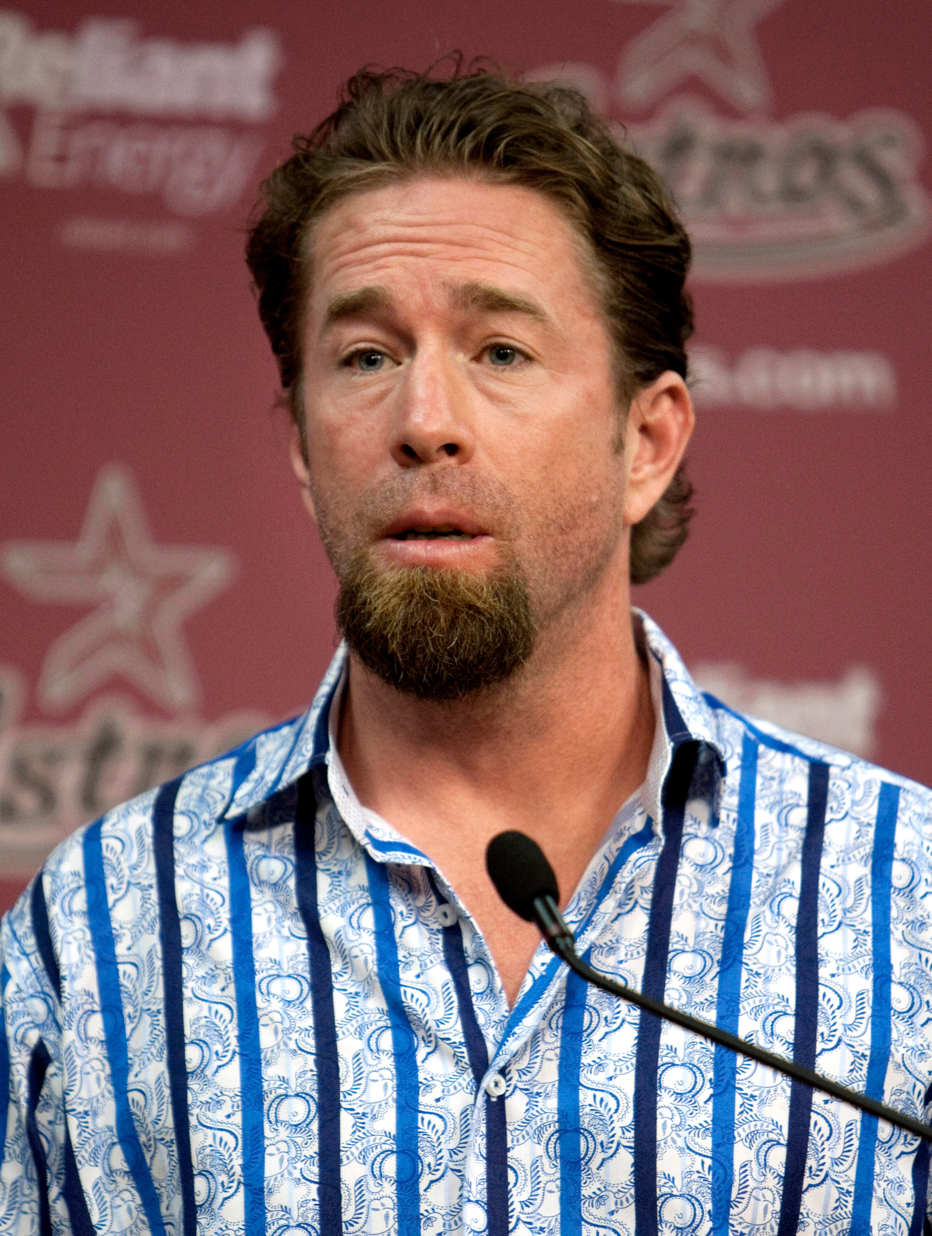 HOUSTON - JULY 11:  Jeff Bagwell, former Houston Astros first baseman, addresses the media after being named hitting coach at Minute Maid Park on July 11, 2010 in Houston, Texas. Bagwell is replacing Sean Berry and will start after the All-Star break.  (P