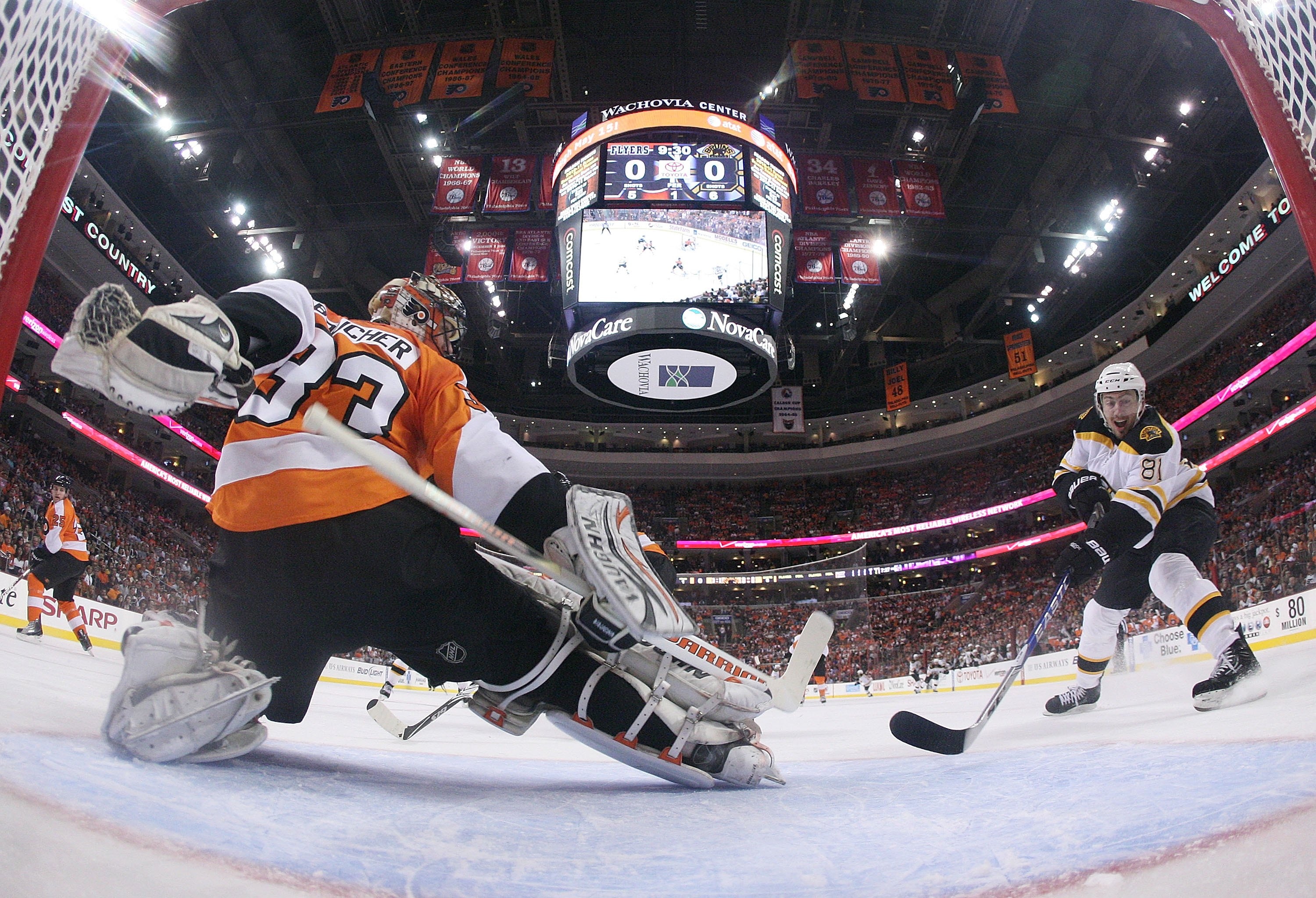 PHILADELPHIA - MAY 07:  Brian Boucher #33 of the Philadelphia Flyers tends net against the Boston Bruins in Game Four of the Eastern Conference Semifinals during the 2010 NHL Stanley Cup Finals at the Wachovia Center on May 7, 2010 in Philadelphia, Pennsy