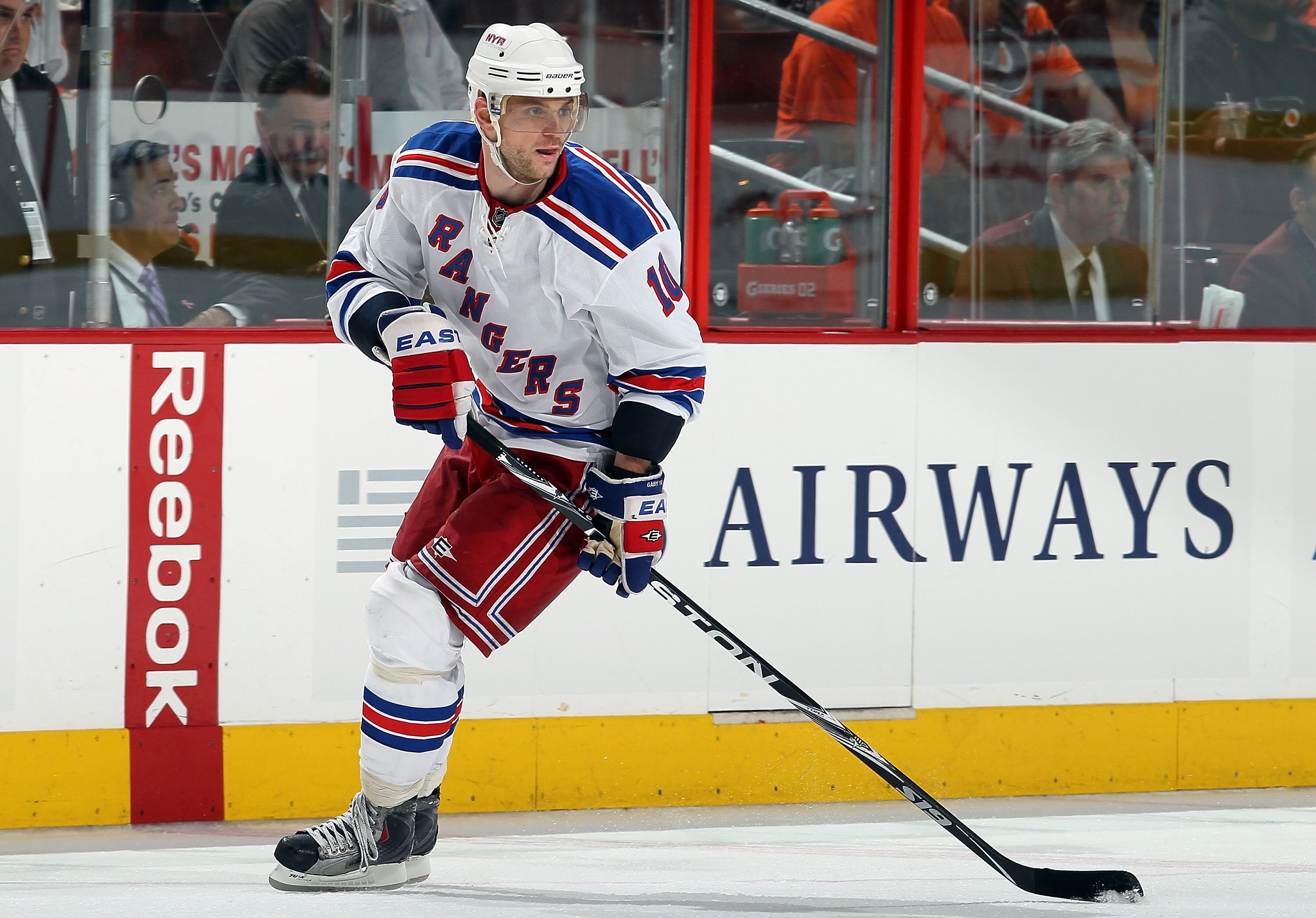 PHILADELPHIA - APRIL 11:  Marian Gaborik #10 of the New York Rangers skates against the Philadelphia Flyers on April 11, 2010 at Wachovia Center in Philadelphia, Pennsylvania. The Flyers defeated the Rangers 2-1 after a shootout. The victory clinched a pl
