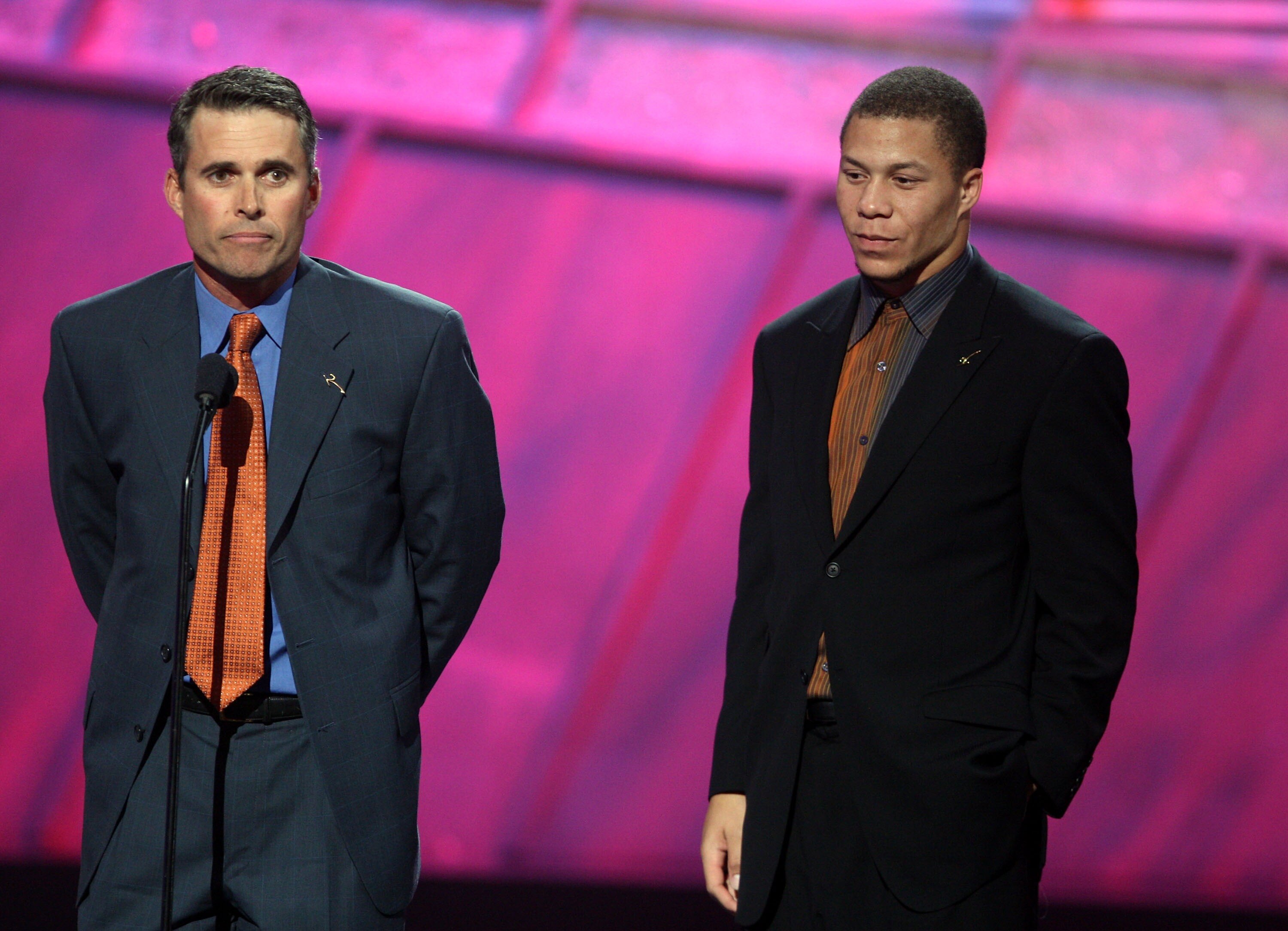 HOLLYWOOD - JULY 11:  Boise State football coach Chris Peterson (L) and player Ian Johnson accept the award for 'Best Game' onstage during the 2007 ESPY Awards at the Kodak Theatre on July 11, 2007 in Hollywood, California.  (Photo by Kevin Winter/Getty I