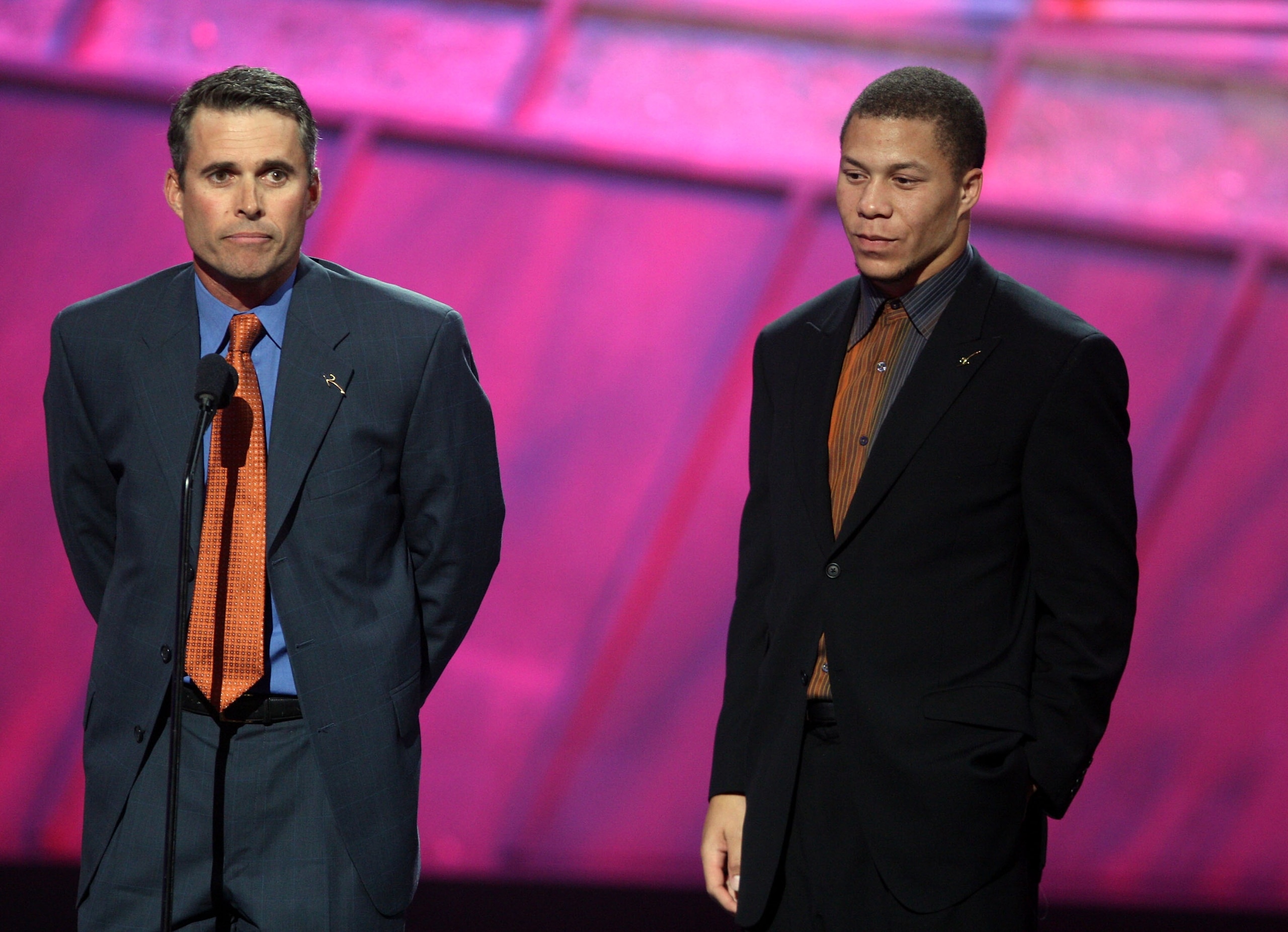 HOLLYWOOD - JULY 11:  Boise State football coach Chris Peterson (L) and player Ian Johnson accept the award for 'Best Game' onstage during the 2007 ESPY Awards at the Kodak Theatre on July 11, 2007 in Hollywood, California.  (Photo by Kevin Winter/Getty I