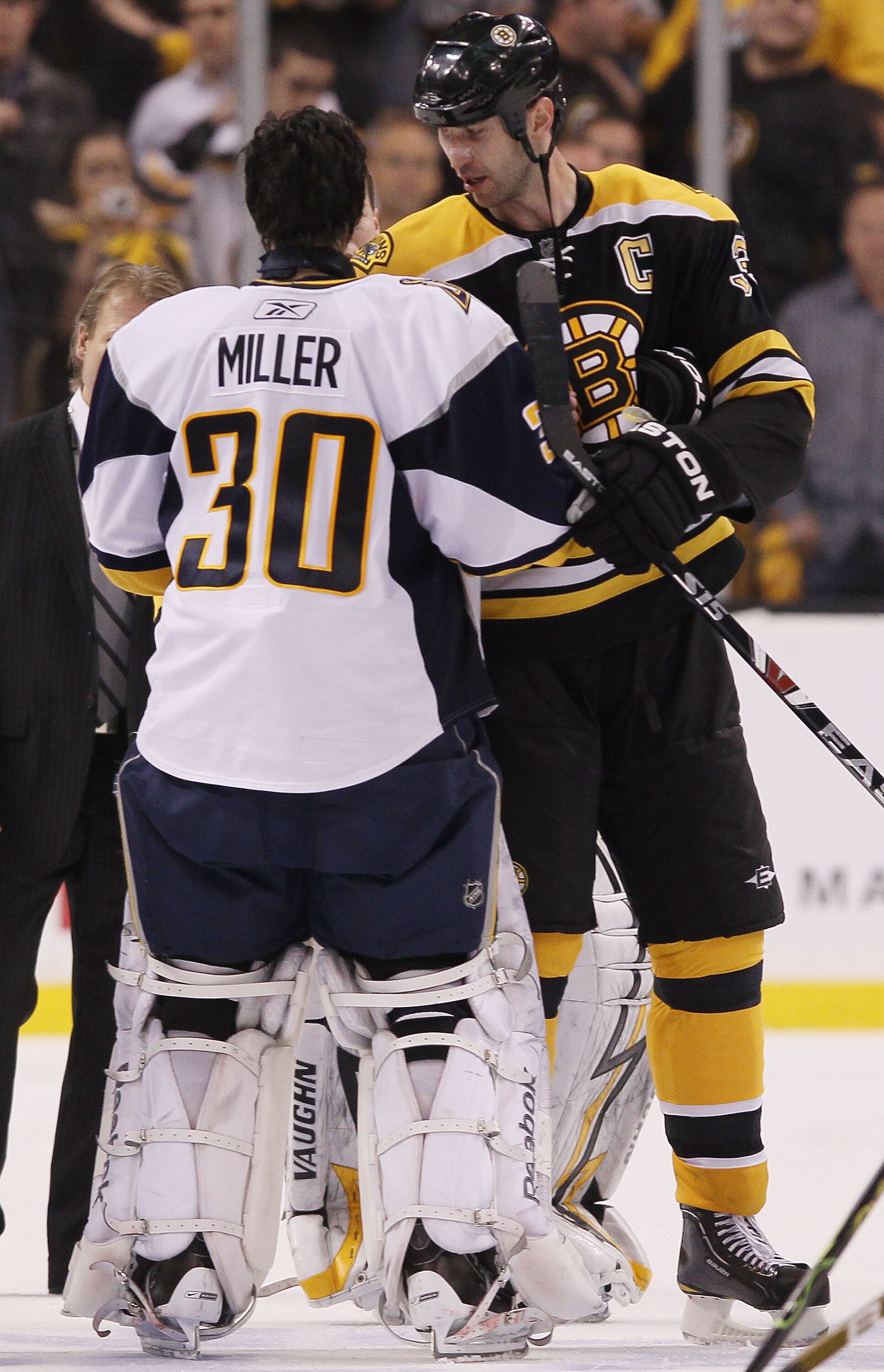 BOSTON - APRIL 26:  Zdeno Chara #33 of the Boston Bruins is congratulated by Ryan Miller #30 of the Buffalo Sabres after Game Six of the Eastern Conference Quarterfinals during the 2010 NHL Stanley Cup Playoffs at TD Garden on April 26, 2010 in Boston, Ma