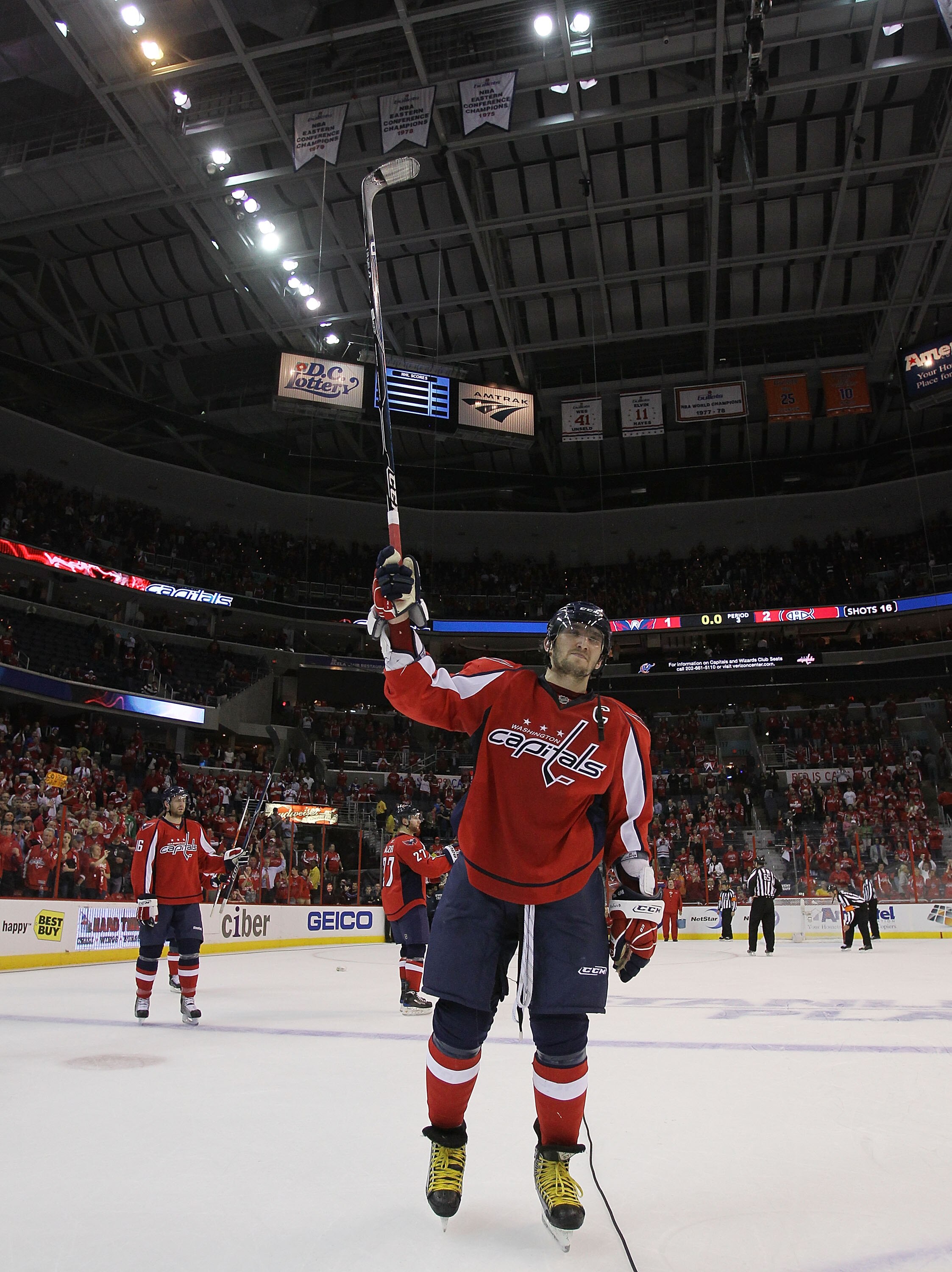 WASHINGTON - APRIL 28: Alex Ovechkin #8 of the Washington Capitals salutes the fans following a 2-1 defeat at the hands of the Montreal Canadiens in Game Seven of the Eastern Conference Quarterfinals during the 2010 NHL Stanley Cup Playoffs at the Verizon