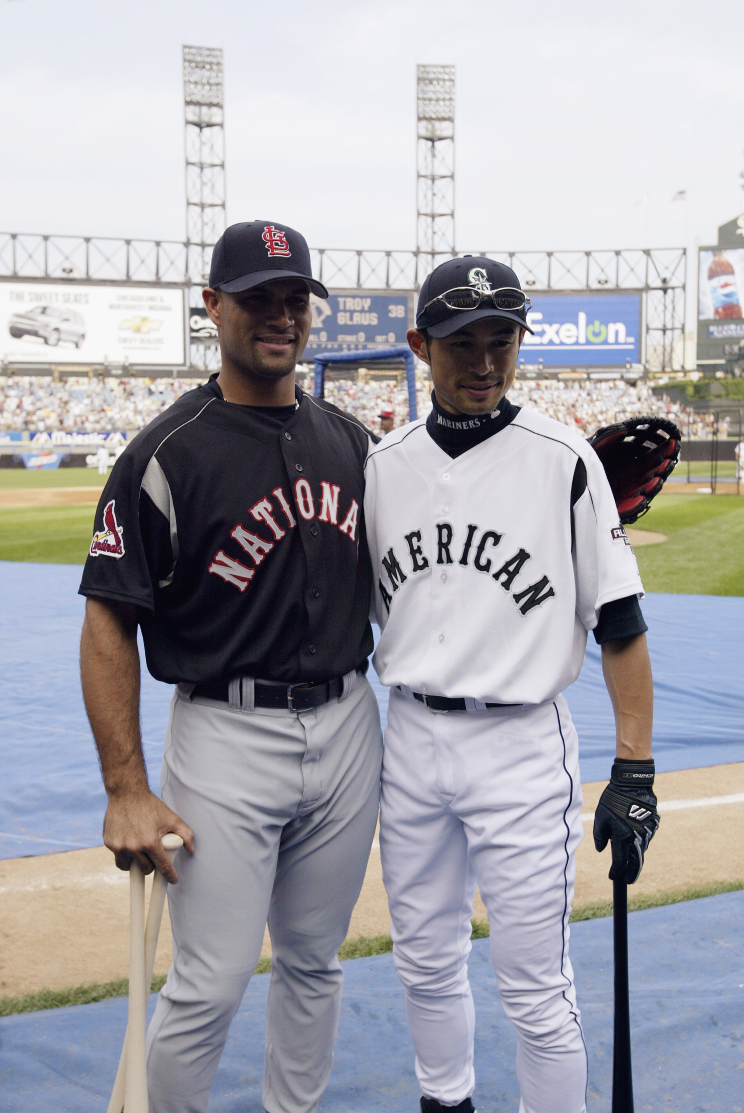 CHICAGO - JULY 14:  Albert Pujols poses with Ichiro Suzuki during batting practice before the Home Run Derby for the 74th Major League Baseball All Star Game on July 14, 2003  at US Cellular Field in Chicago, Illinois. (Photo by Matthew Stockman/Getty Ima
