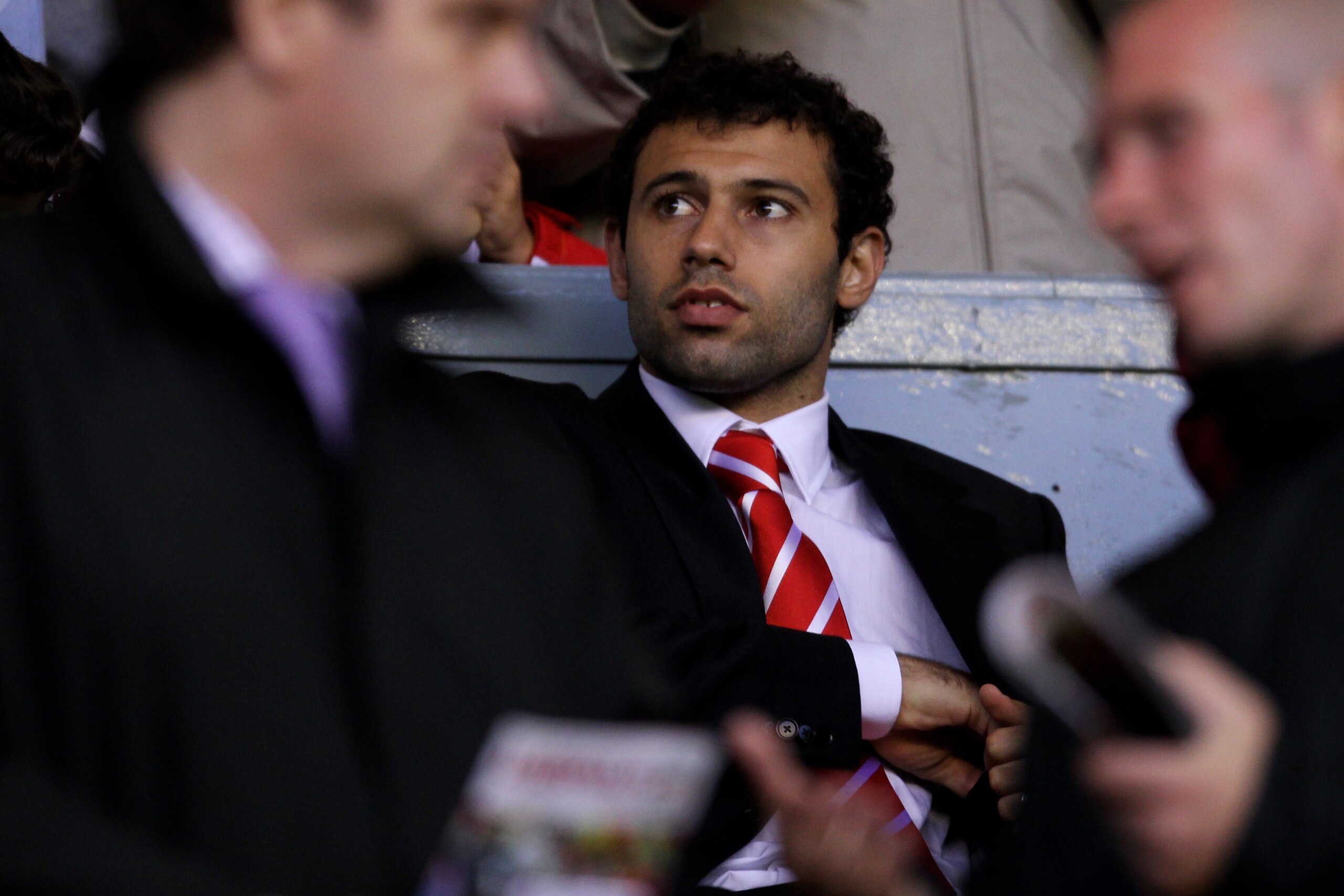 LIVERPOOL, ENGLAND - AUGUST 19:  Javier Mascherano of Liverpool looks on from the stands during the UEFA Europa League play-off first leg match beteween Liverpool and Trabzonspor at Anfield on August 19, 2010 in Liverpool, England.  (Photo by Alex Livesey