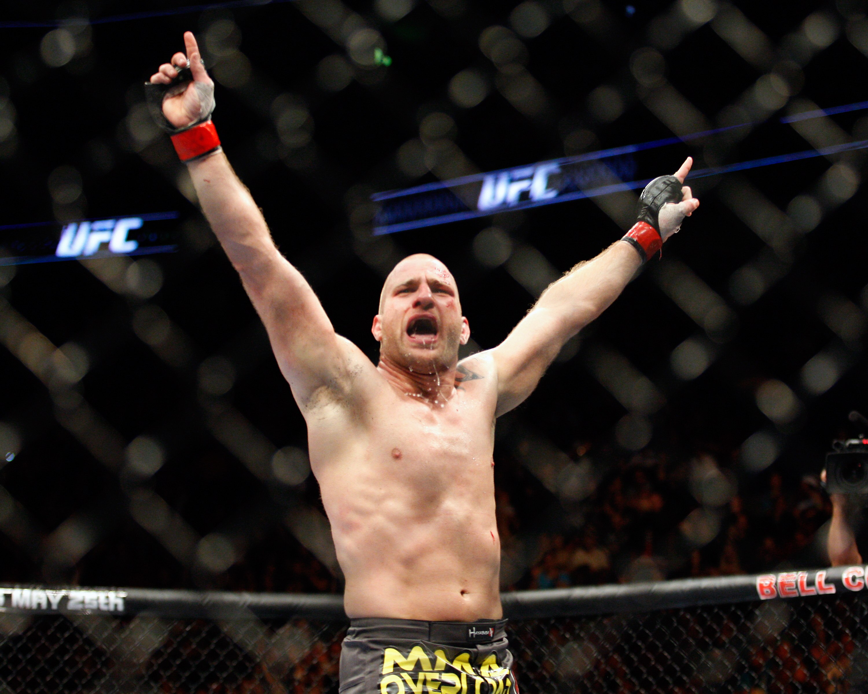 MONTREAL- MAY 8:  Joe Doerksen celebrates his victory over Tom Lawlor in their middleweight bout at UFC 113 at Bell Centre on May 8, 2010 in Montreal, Quebec, Canada. Joe Doerksen won the bout by KO.  (Photo by Richard Wolowicz/Getty Images)