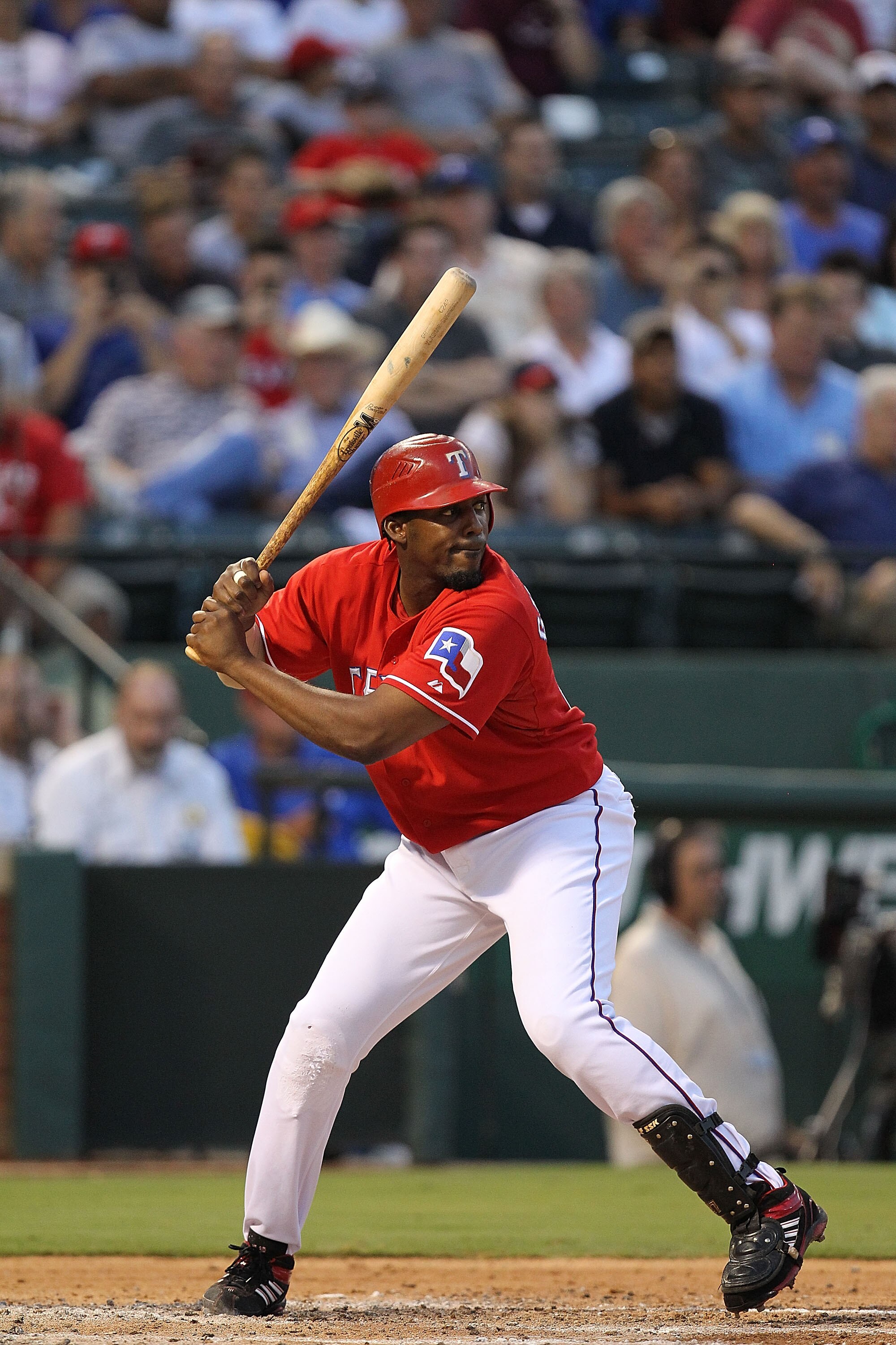 ARLINGTON, TX - JULY 23:  Vladimir Guerrero #27 of the Texas Rangers on July 23, 2010 at Rangers Ballpark in Arlington, Texas.  (Photo by Ronald Martinez/Getty Images)