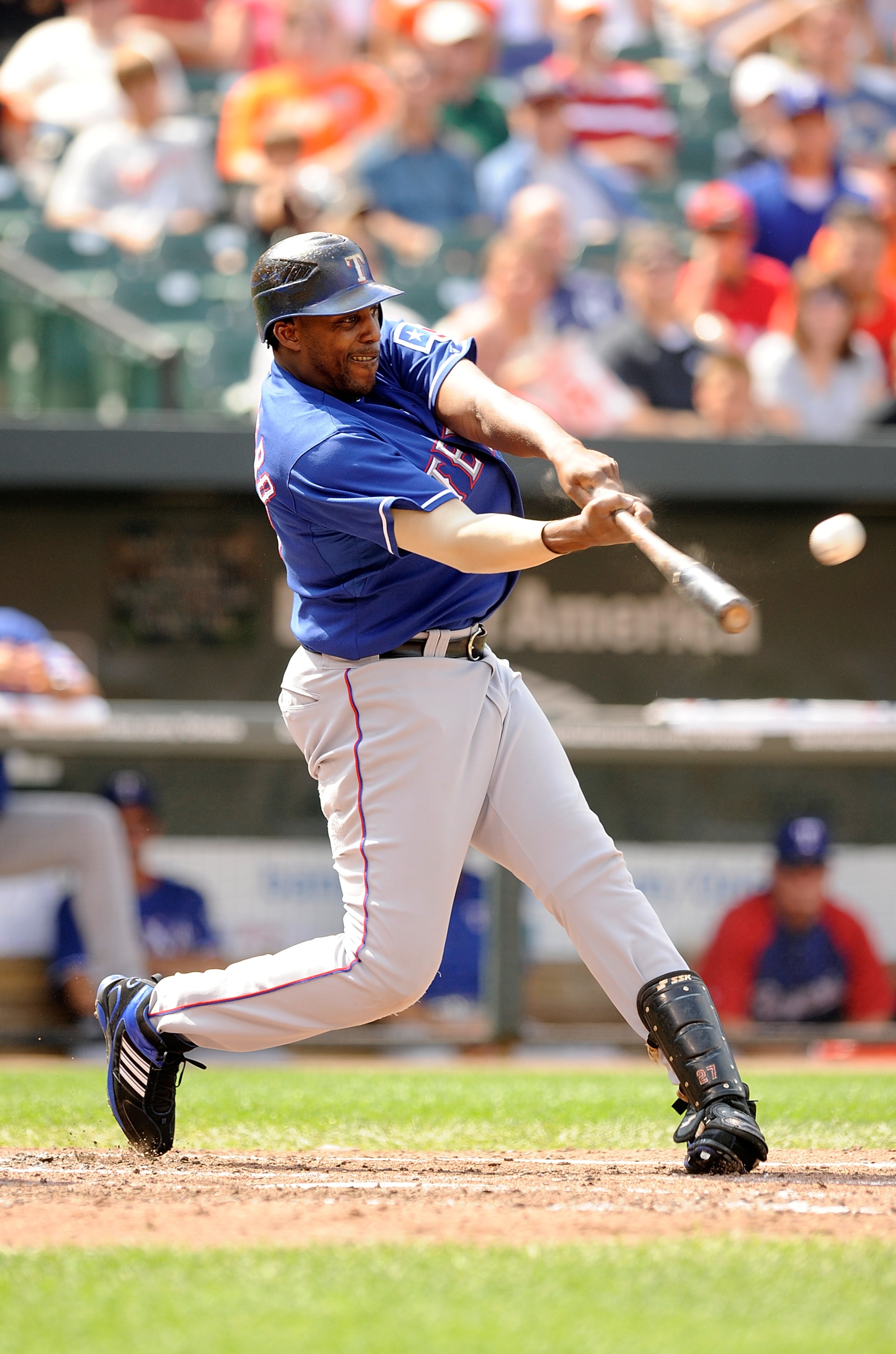 BALTIMORE - AUGUST 22: Vladimir Guerrero #27 of the Texas Rangers hits a home run in the fifth inning against the Baltimore Orioles at Camden Yards on August 22, 2010 in Baltimore, Maryland. (Photo by Greg Fiume/Getty Images) BALTIMORE - AUGUST 22: Vladimir Guerrero #27 of the Texas Rangers hits a home run in the fifth inning against the Baltimore Orioles at Camden Yards on August 22, 2010 in Baltimore, Maryland. (Photo by Greg Fiume/Getty Images)