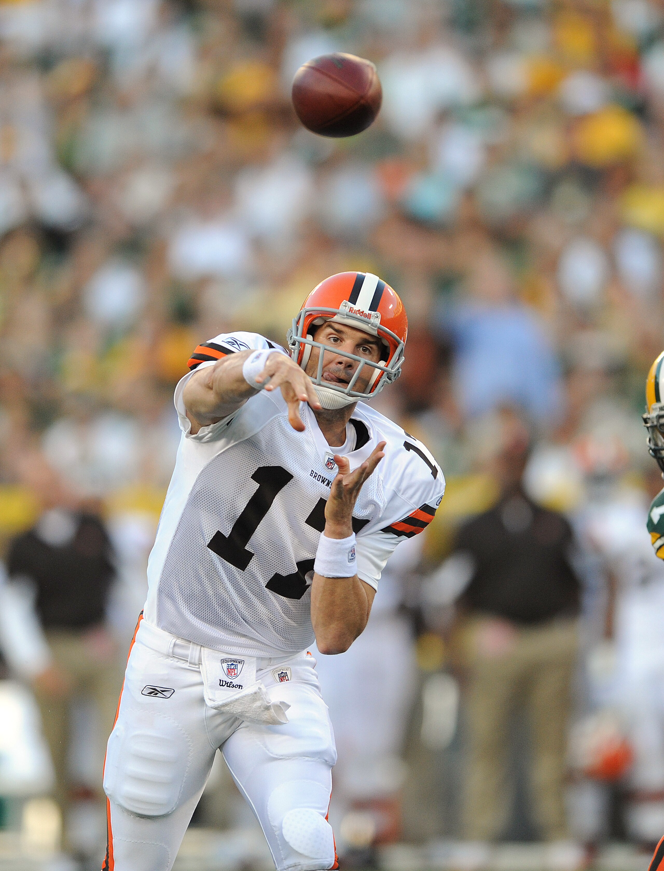 GREEN BAY - AUGUST 14: Jake Delhomme #17 of the Cleveland Browns passes during the NFL preseason game against the Green Bay Packers at Lambeau Field August 14, 2010 in Green Bay, Wisconsin.  (Photo by Tom Dahlin/Getty Images)