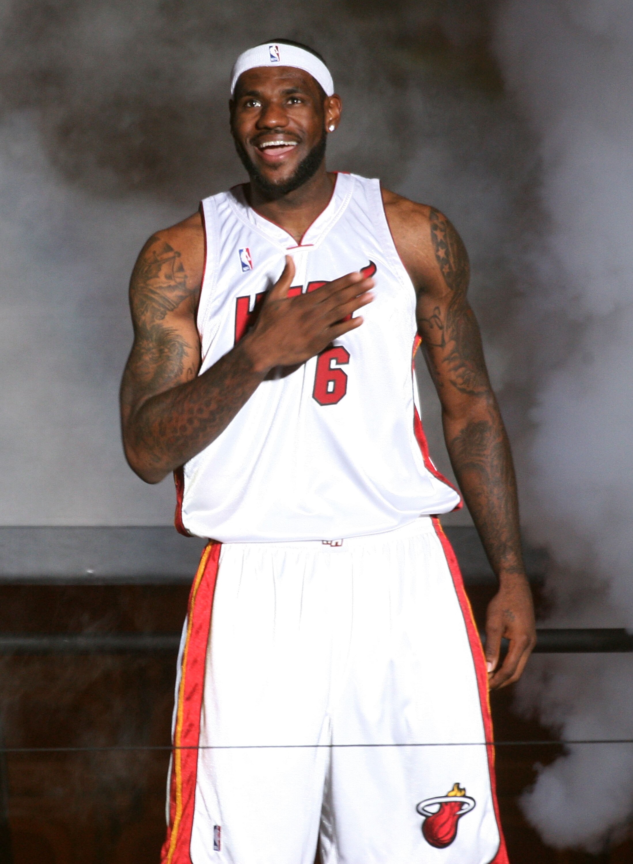 MIAMI - JULY 09:  LeBron James #6 of the Miami Heat is introduced during a welcome party at American Airlines Arena on July 9, 2010 in Miami, Florida.  (Photo by Marc Serota/Getty Images)