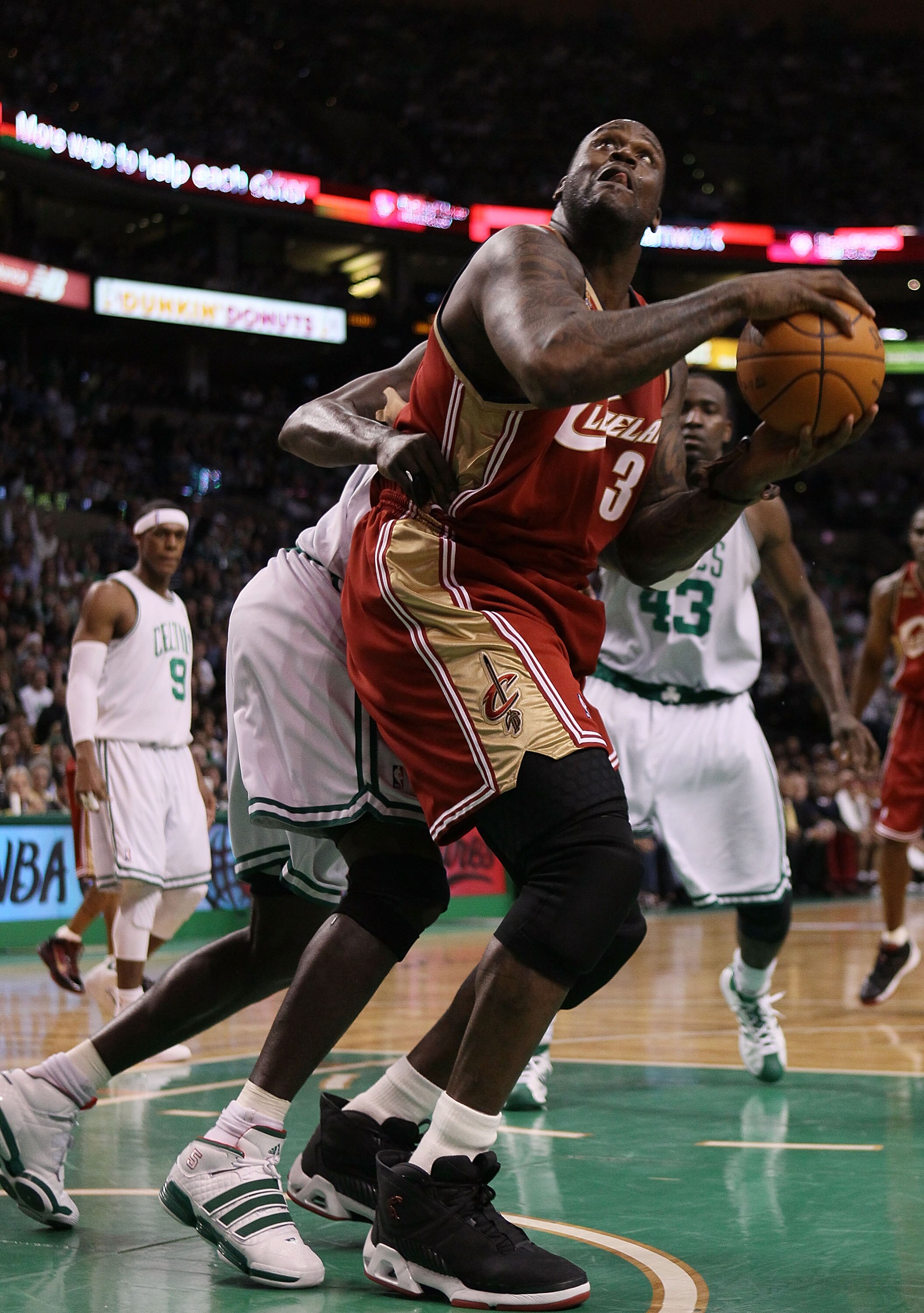 BOSTON - MAY 13:  Shaquille O'Neal #33 of the Cleveland Cavaliers tries to take a shot as Kevin Garnett #5 of the Boston Celtics defends during Game Six of the Eastern Conference Semifinals of the 2010 NBA playoffs at TD Garden on May 13, 2010 in Boston,