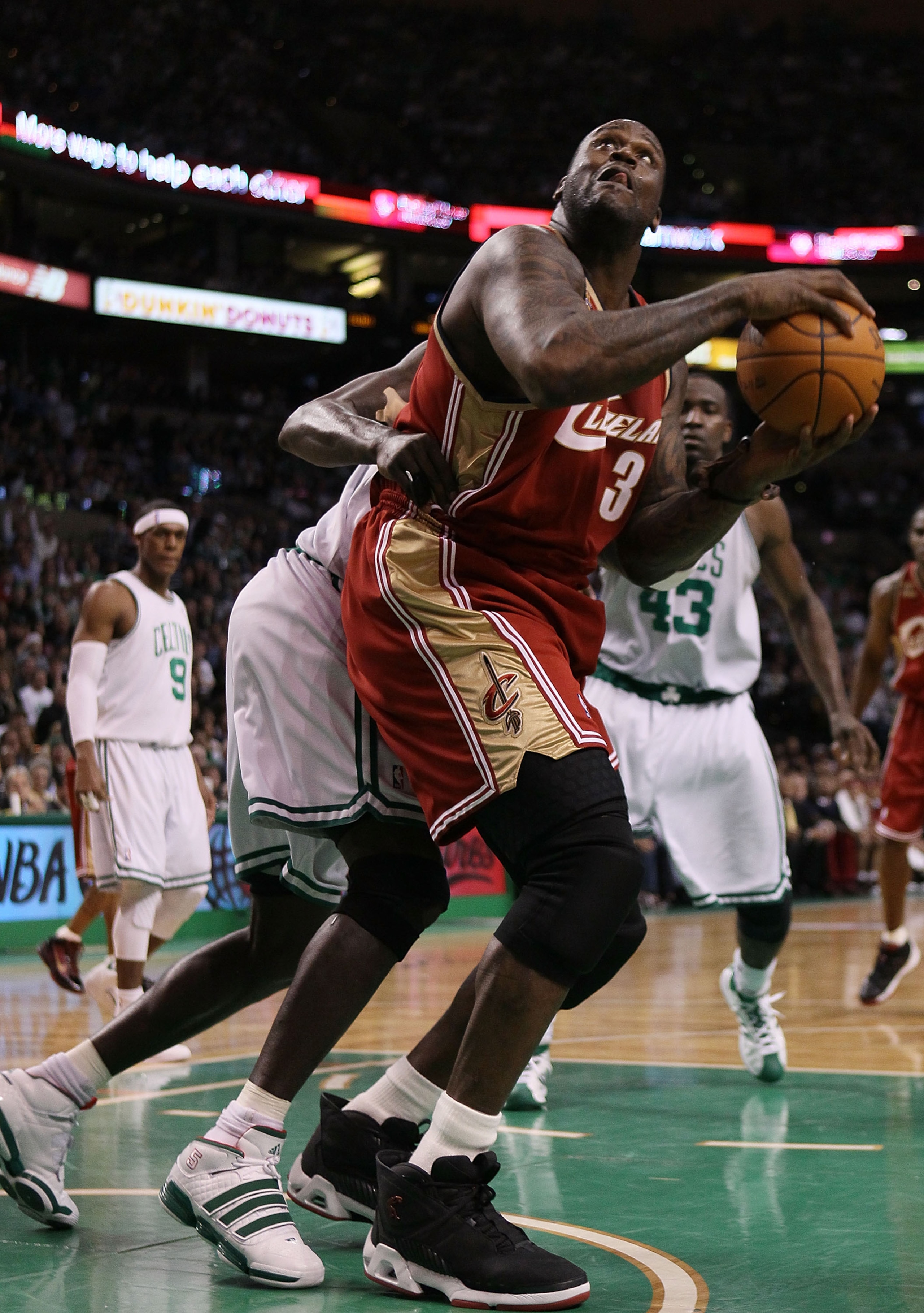BOSTON - MAY 13: Shaquille O'Neal #33 of the Cleveland Cavaliers tries to take a shot as Kevin Garnett #5 of the Boston Celtics defends during Game Six of the Eastern Conference Semifinals of the 2010 NBA playoffs at TD Garden on May 13, 2010 in Boston, BOSTON - MAY 13: Shaquille O'Neal #33 of the Cleveland Cavaliers tries to take a shot as Kevin Garnett #5 of the Boston Celtics defends during Game Six of the Eastern Conference Semifinals of the 2010 NBA playoffs at TD Garden on May 13, 2010 in Boston,