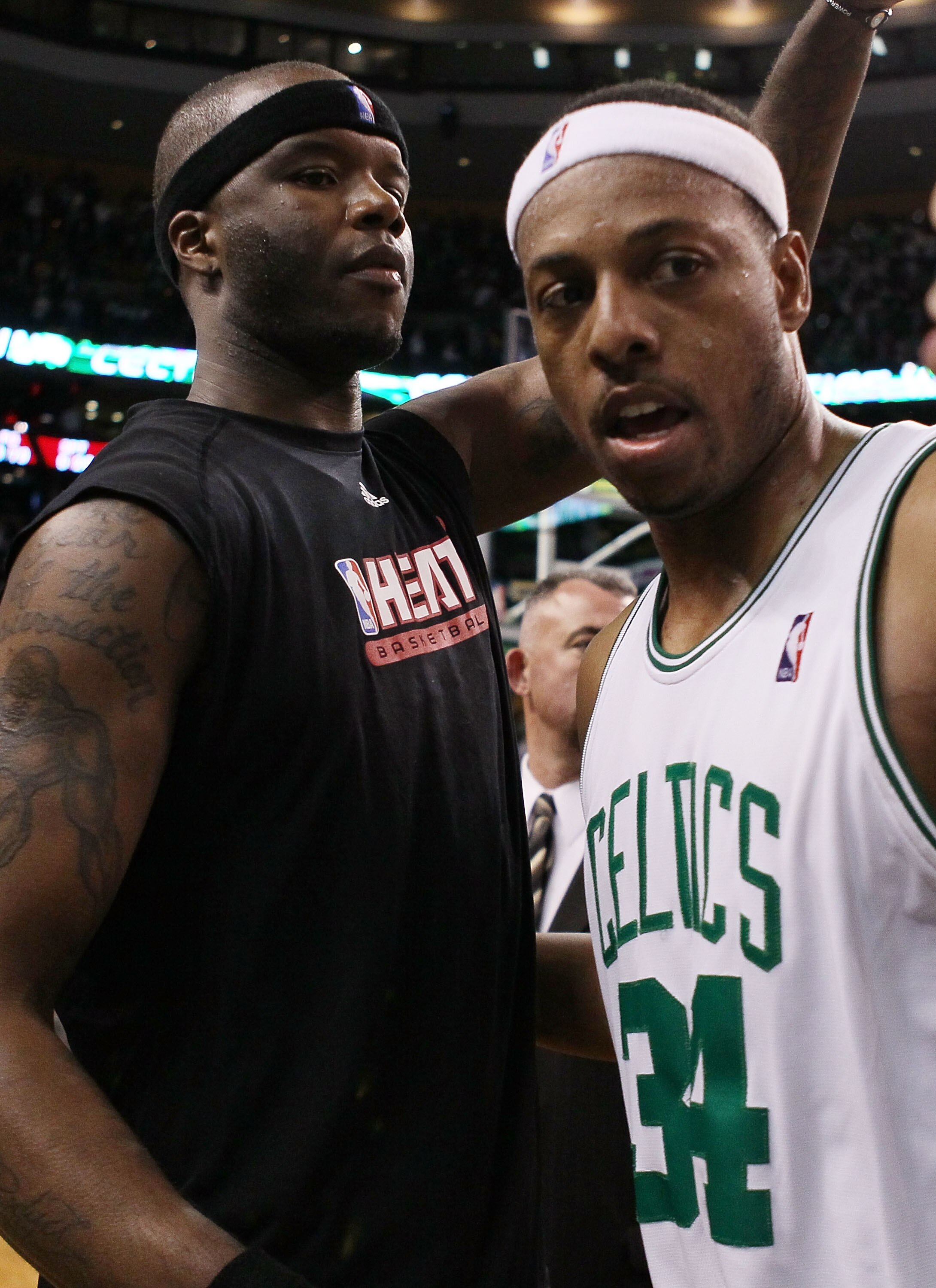 BOSTON - APRIL 27:  Jermaine O'Neal #7 of the Miami Heat congratulates Paul Pierce #34 of the Boston Celtics after Game Five of the Eastern Conference Quarterfinals of the 2010 NBA playoffs at the TD Garden on April 27, 2010 in Boston, Massachusetts. The
