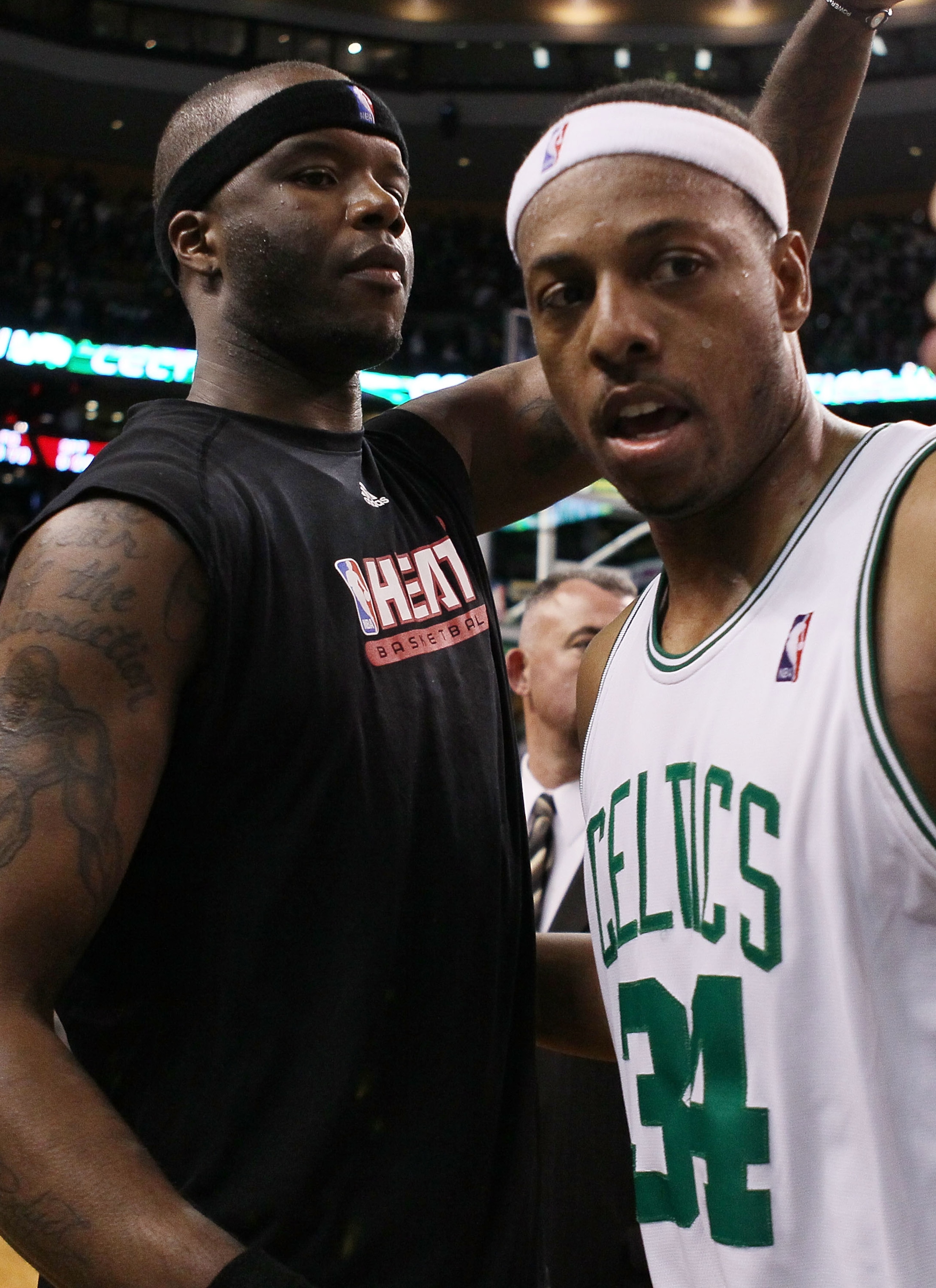 BOSTON - APRIL 27: Jermaine O'Neal #7 of the Miami Heat congratulates Paul Pierce #34 of the Boston Celtics after Game Five of the Eastern Conference Quarterfinals of the 2010 NBA playoffs at the TD Garden on April 27, 2010 in Boston, Massachusetts. The BOSTON - APRIL 27: Jermaine O'Neal #7 of the Miami Heat congratulates Paul Pierce #34 of the Boston Celtics after Game Five of the Eastern Conference Quarterfinals of the 2010 NBA playoffs at the TD Garden on April 27, 2010 in Boston, Massachusetts. The