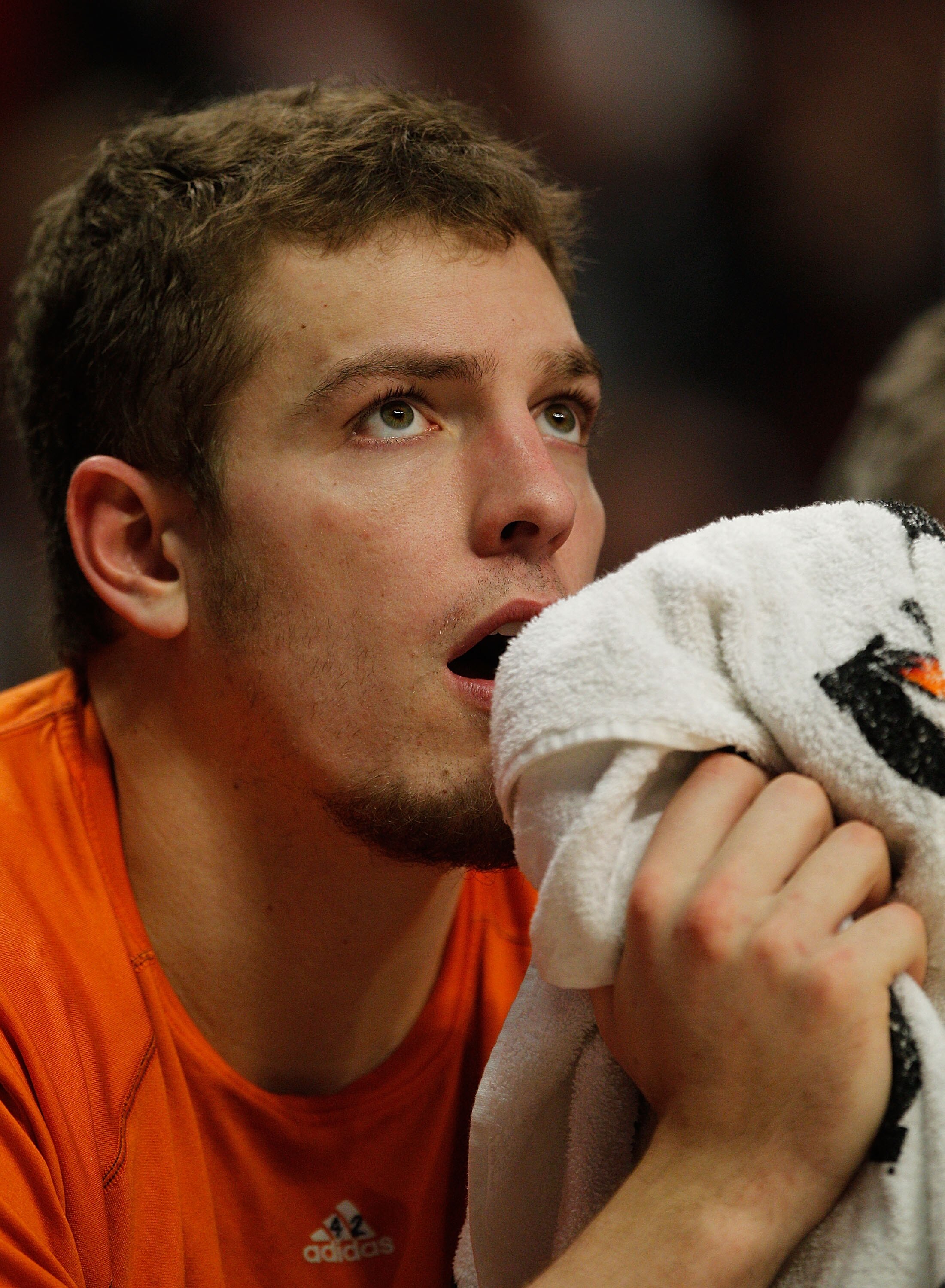 CHICAGO - FEBRUARY 16: David Lee #42 of the New York Knicks watches from the bench as his teammates take on the Chicago Bulls in the 4th quarter at the United Center on February 16, 2010 in Chicago, Illinois. The Bulls defeated the Knicks 118-85. NOTE TO
