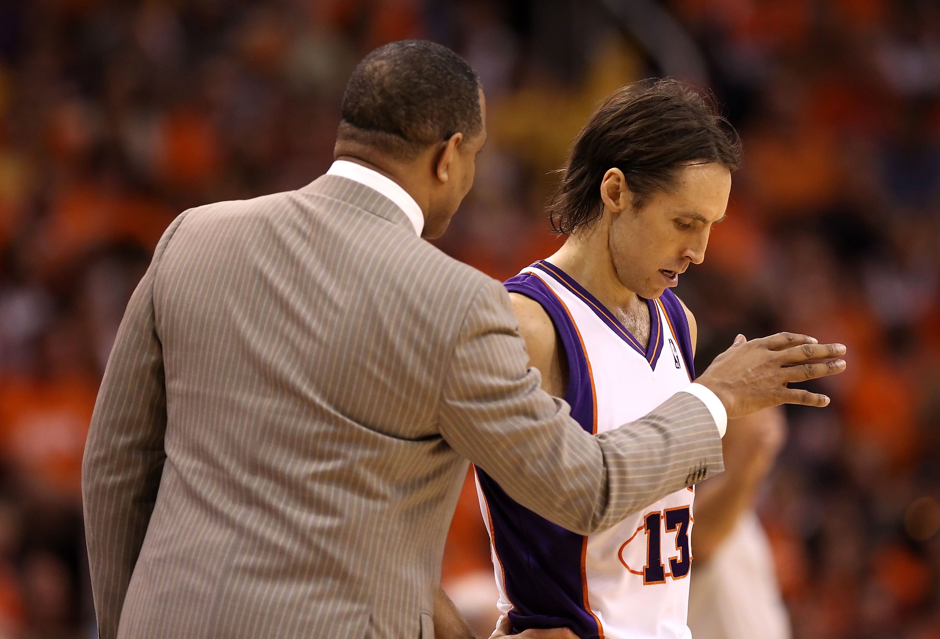 PHOENIX - MAY 29:  Head coach Alvin Gentry of the Phoenix Suns talks with Steve Nash #13 during Game Six of the Western Conference finals of the 2010 NBA Playoffs against the Los Angeles Lakers at US Airways Center on May 29, 2010 in Phoenix, Arizona. The