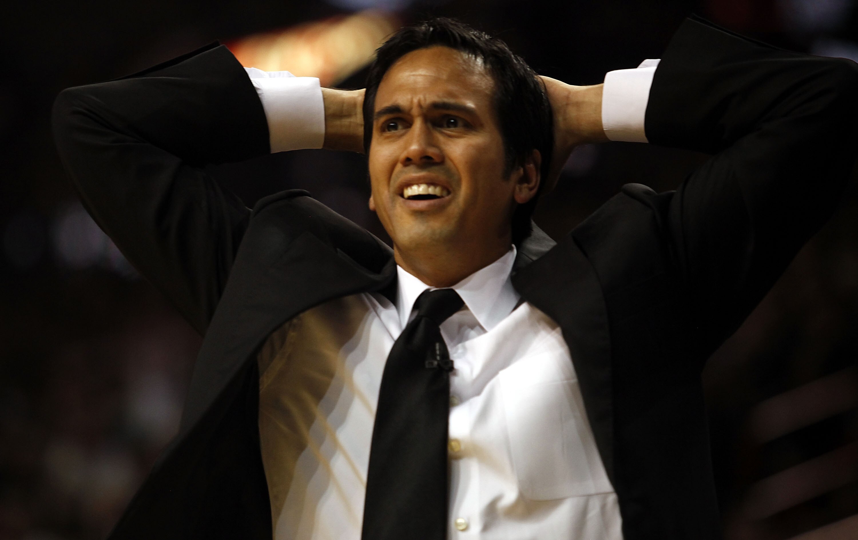 MIAMI - APRIL 23: Coach Erik Spoelstra of the Miami Heat reacts during a 100-98 loss to the Boston Celtics in Game Three of the Eastern Conference Quarterfinals during the 2010 NBA Playoffs at American Airlines Arena on April 23, 2010 in Miami, Florida. N
