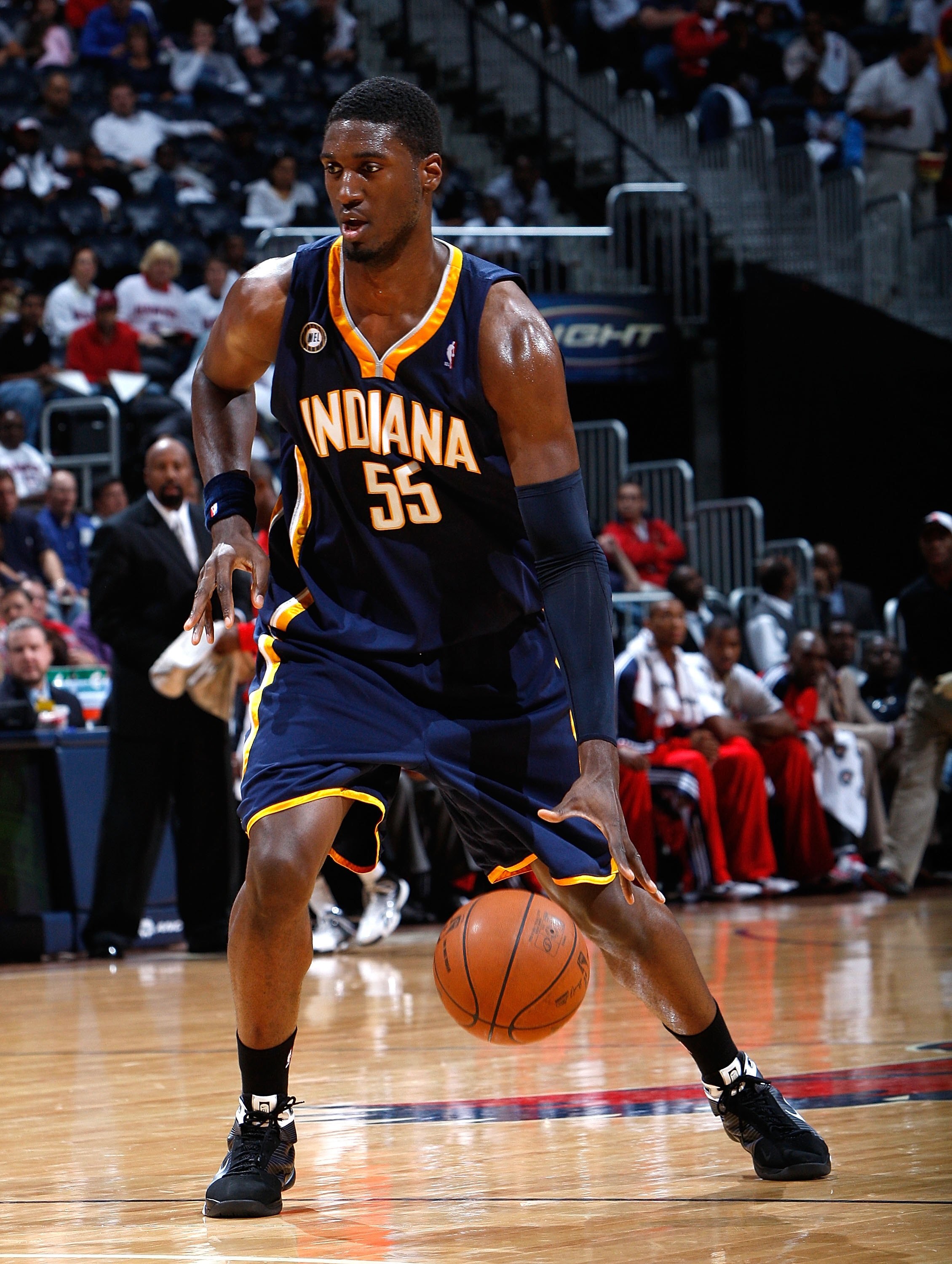 ATLANTA - OCTOBER 28:  Roy Hibbert #55 of the Indiana Pacers against the Atlanta Hawks at Philips Arena on October 28, 2009 in Atlanta, Georgia.  (Photo by Kevin C. Cox/Getty Images)