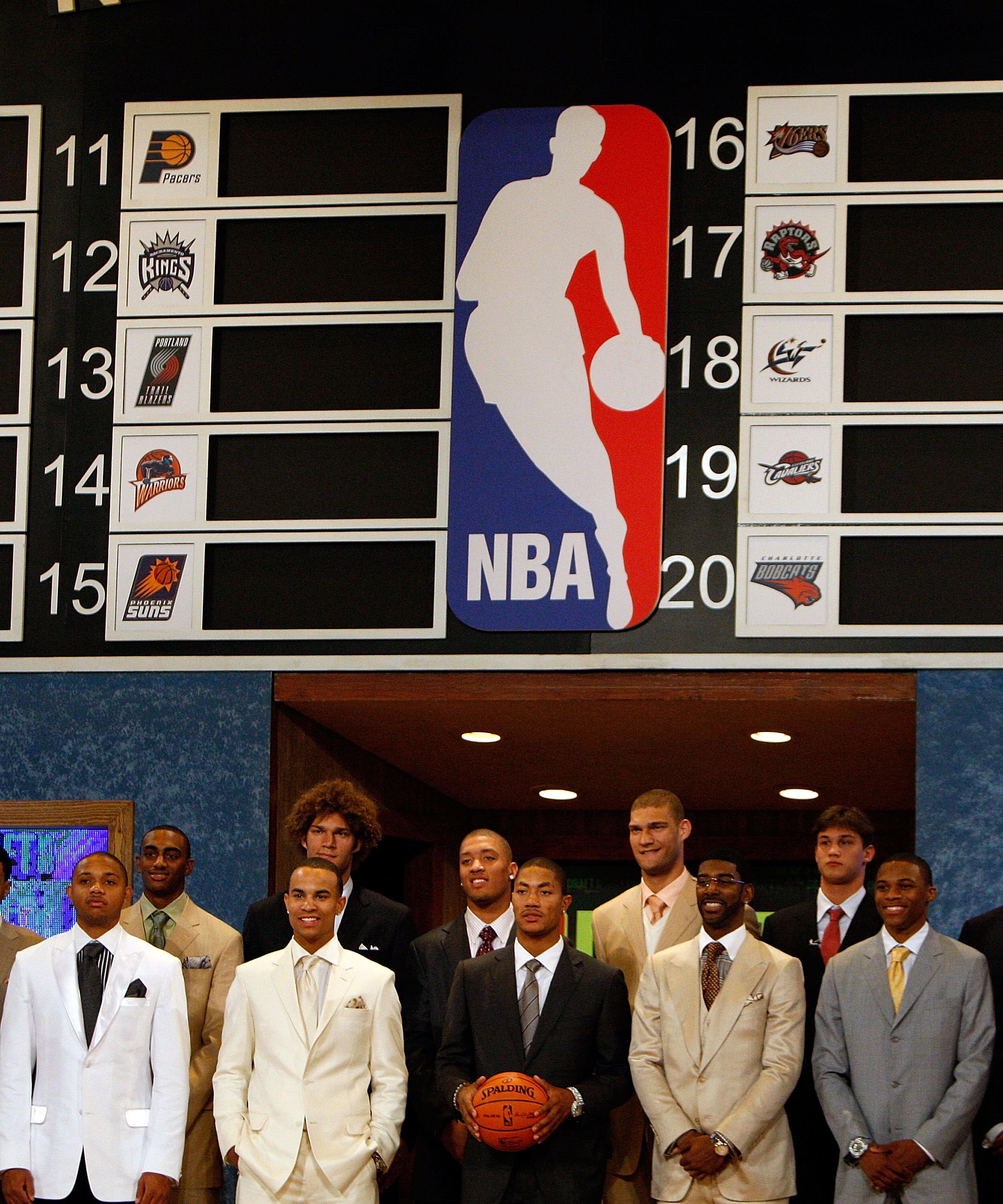 NEW YORK - JUNE 26:  Players pose prior to the 2008 NBA Draft at the WaMu Theatre at Madison Square Garden June 26, 2008 in New York City. NOTE TO USER: User expressly acknowledges and agrees that, by downloading and or using this photograph, User is cons