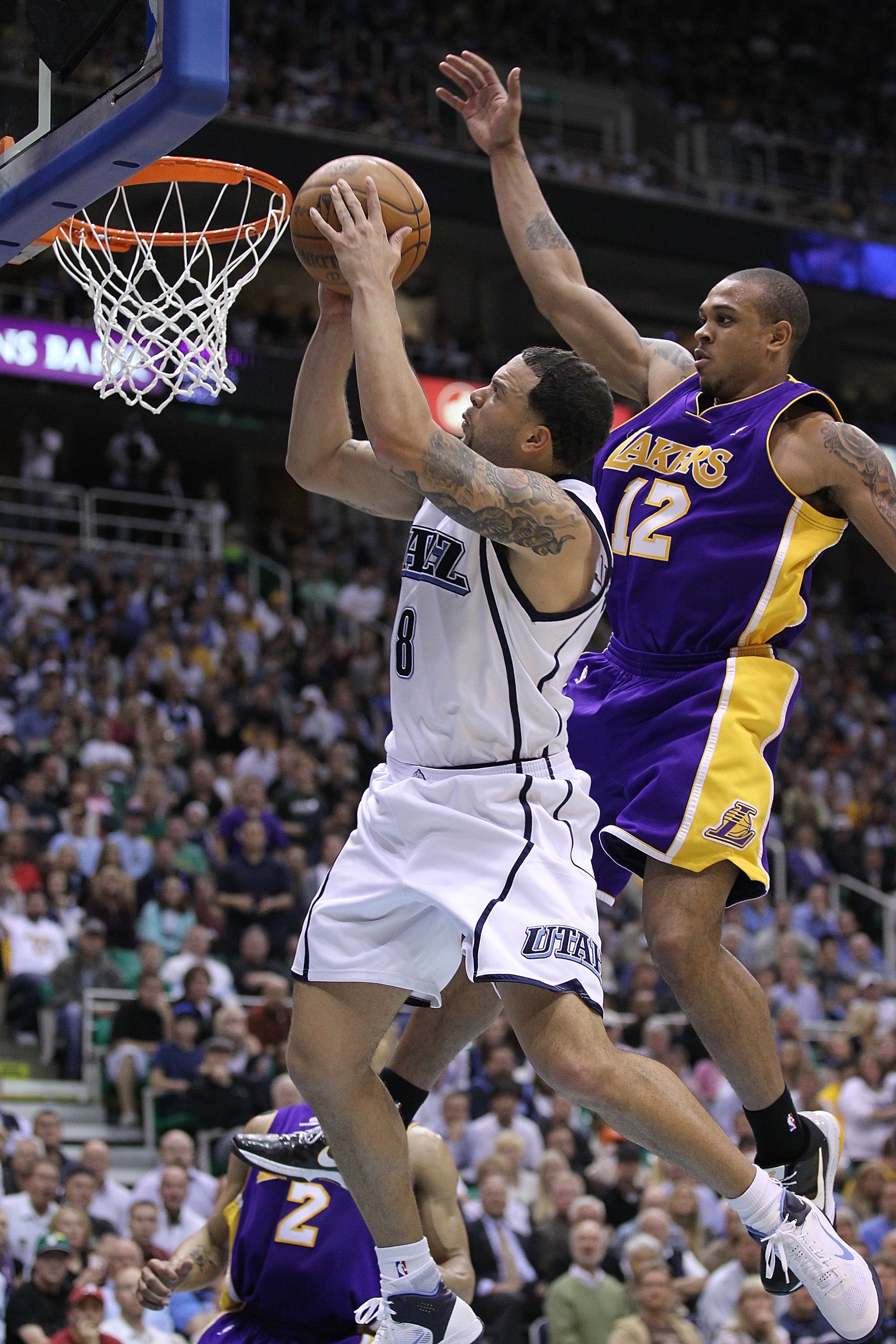 SALT LAKE CITY - MAY 10:  Deron Williams #8 of the Utah Jazz in action against the Los Angeles Lakers during Game Four of the Western Conference Semifinals of the 2010 NBA Playoffs on May 10, 2010 at Energy Solutions Arena in Salt Lake City, Utah. NOTE TO