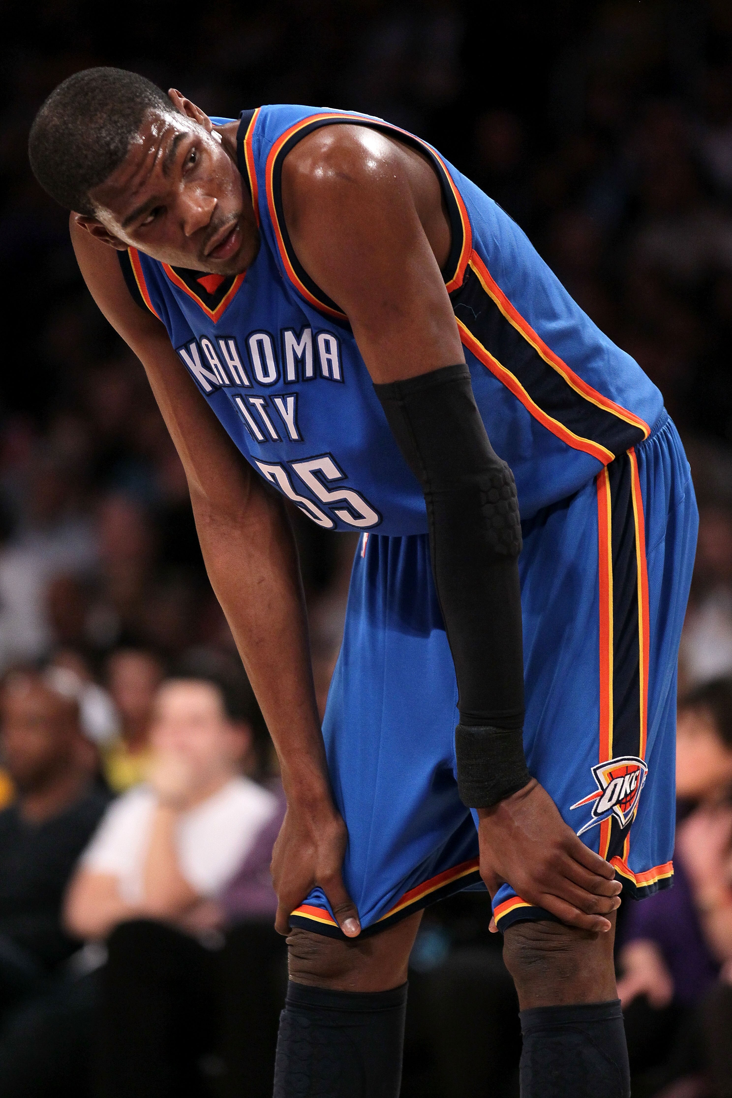 LOS ANGELES, CA - APRIL 27:  Kevin Durant #35 of the Oklahoma City Thunder looks on in the first half while taking on the Los Angeles Lakers during Game Two of the Western Conference Quarterfinals of the 2010 NBA Playoffs at Staples Center on April 27, 20