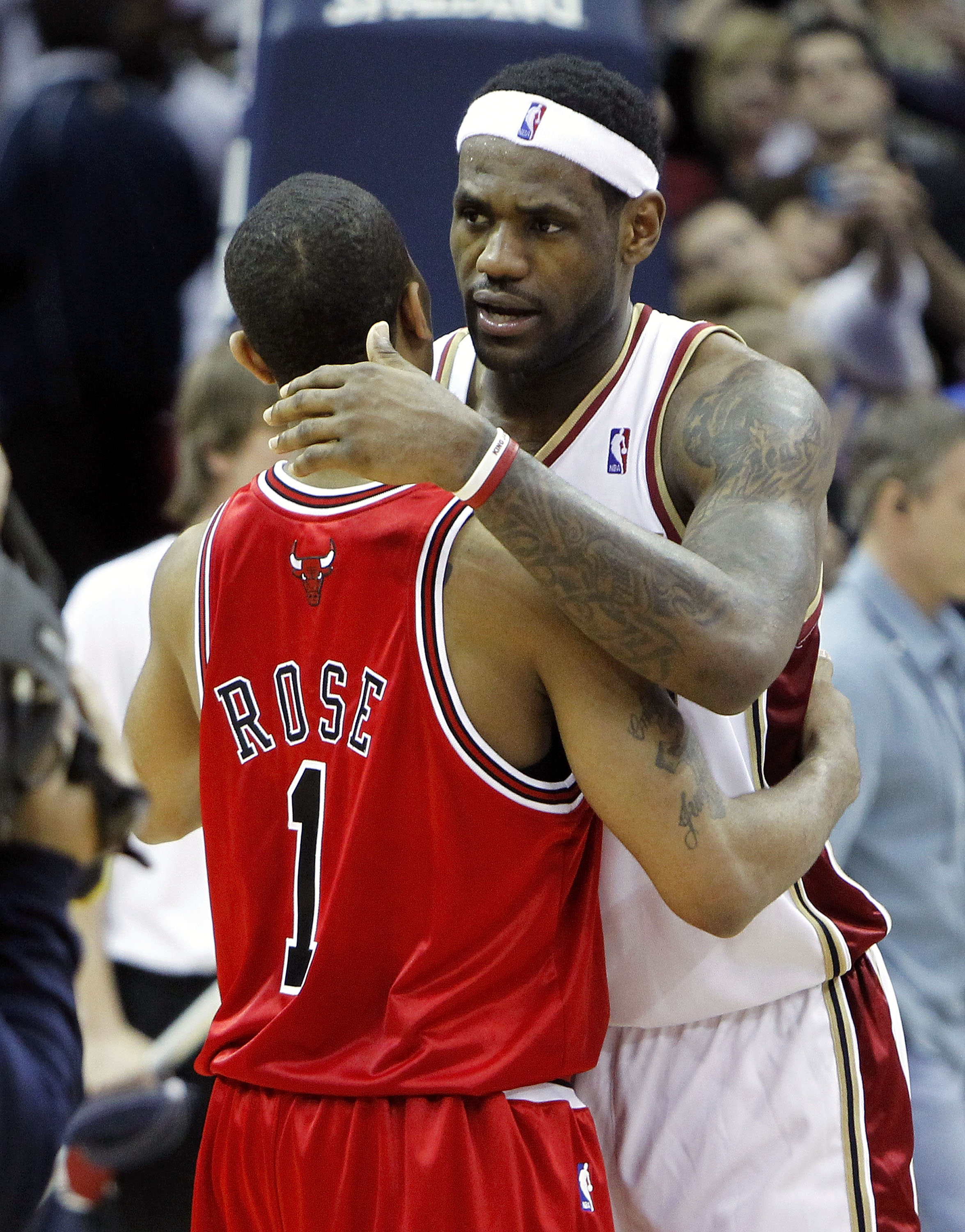 CLEVELAND - APRIL 27: LeBron James #23 of the Cleveland Cavaliers talks with Derrick Rose #1 of the Chicago Bulls after defeating the Bulls 96-94 in Game Five of the Eastern Conference Quarterfinals during the 2010 NBA Playoffs at Quicken Loans Arena on A