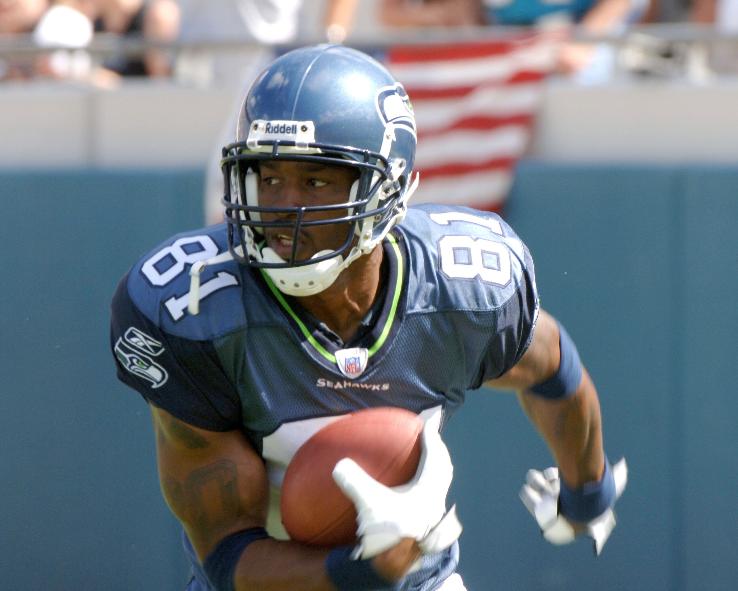 Seattle Seahawks punt returner Peter Warrick during a game against the Jacksonville Jaguars at Alltel Stadium, September 11, 2005 in Jacksonville.  (Photo by Al Messerschmidt/Getty Images)