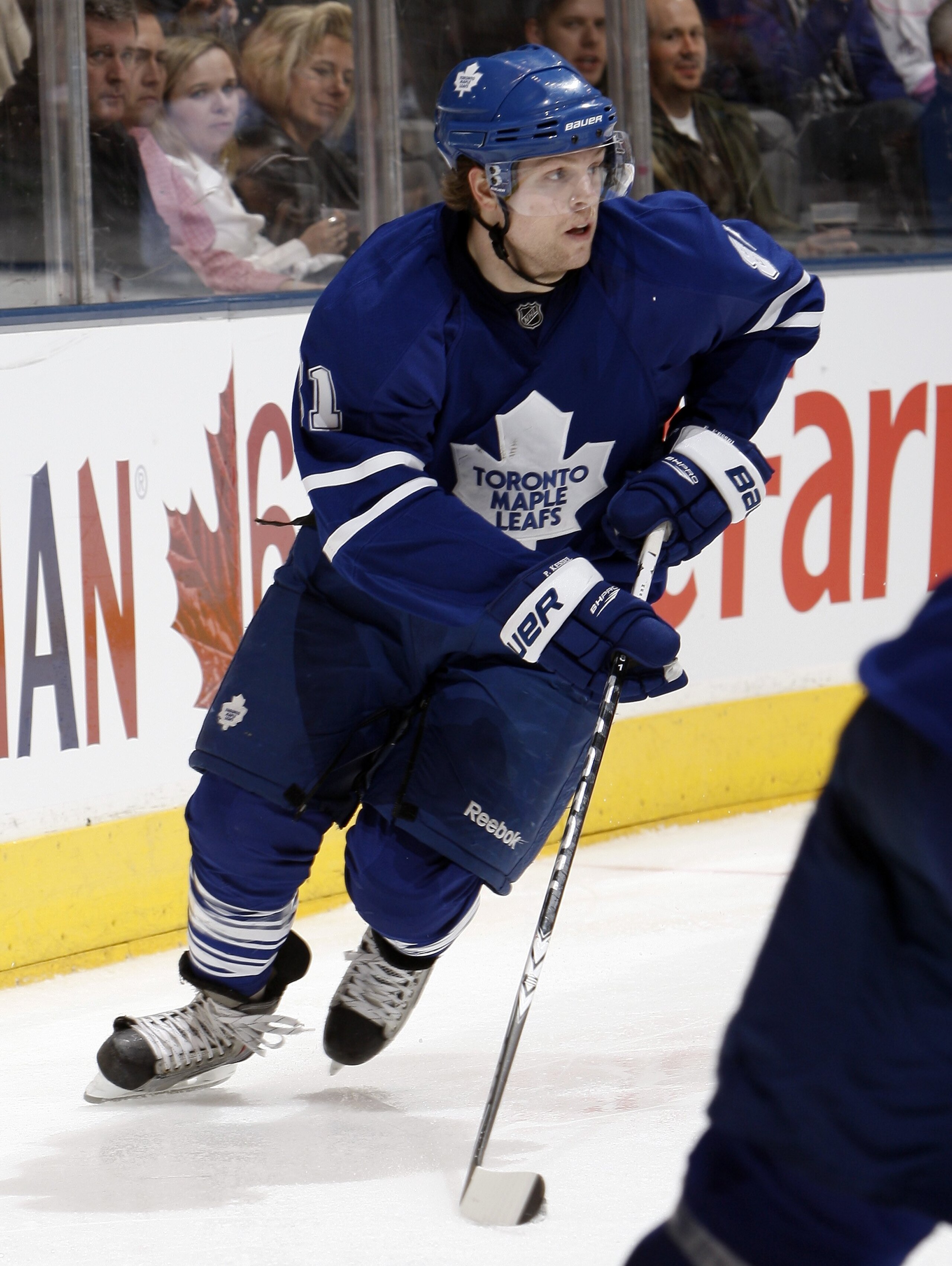 TORONTO - APRIL 6: Phil Kessel #81 of the Toronto Maple Leafs moves the puck during a NHL game against the Philadelphia Flyers at the Air Canada Centre on April 6, 2010 in Toronto, Ontario, Canada. (Photo by Abelimages/Getty Images)