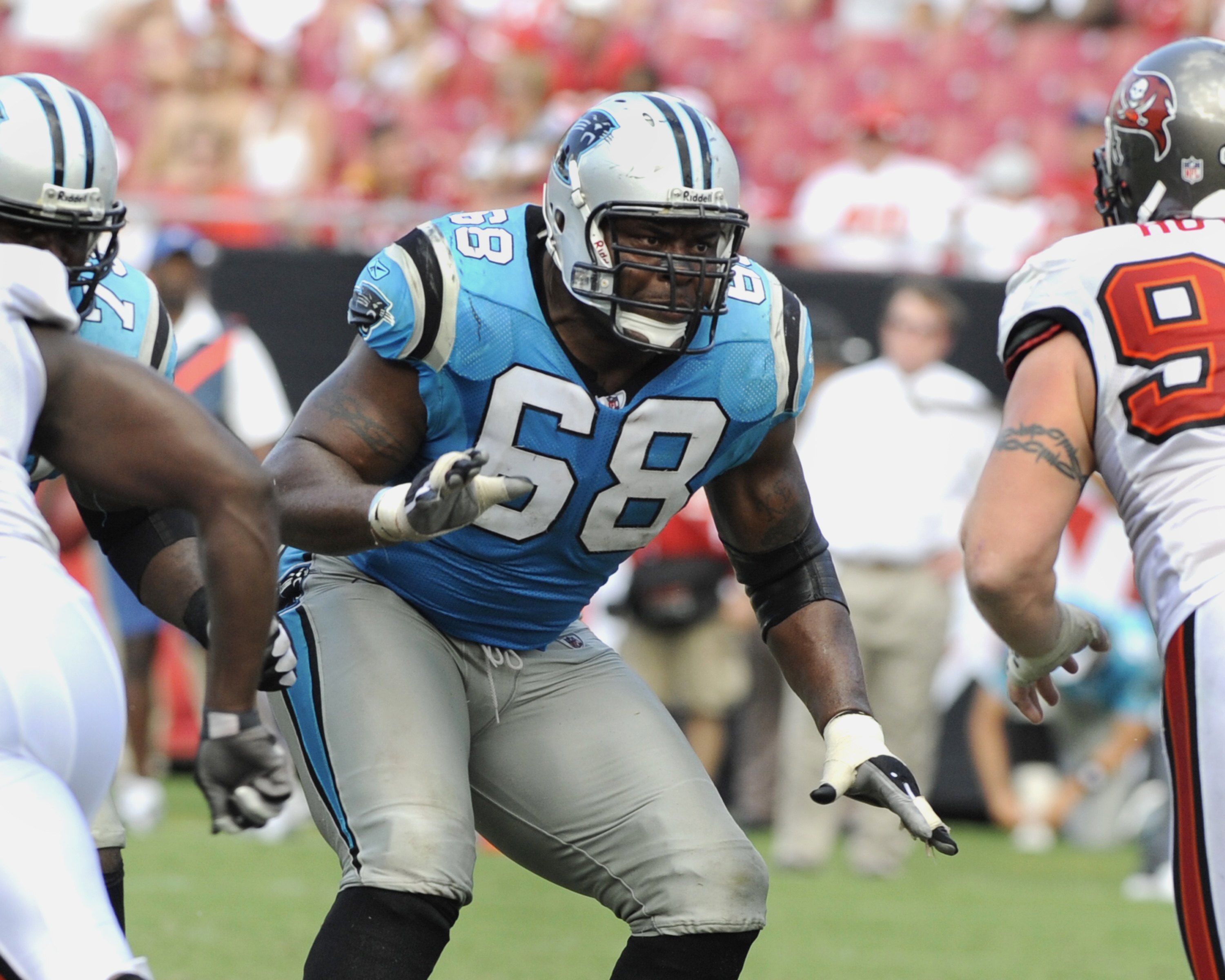 TAMPA, FL - OCTOBER 12: Guard Keydrick Vincent #68 of the Carolina Panthers sets to block against the Tampa Bay Buccaneers at Raymond James Stadium on October 12, 2008 in Tampa, Florida.  (Photo by Al Messerschmidt/Getty Images)
