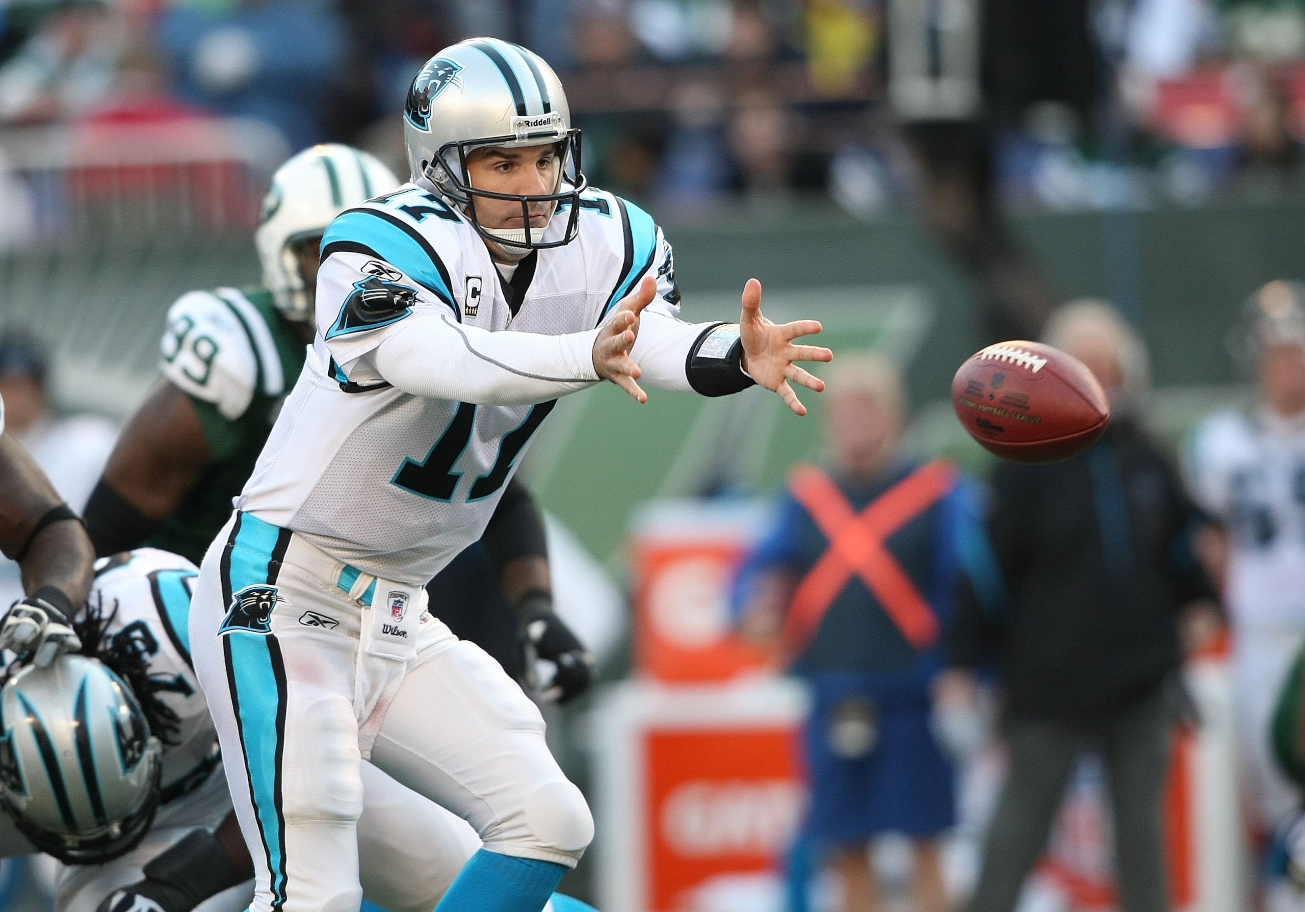EAST RUTHERFORD, NJ - NOVEMBER 29: Jake Delhomme #17 of the Carolina Panthers passes against the New York Jets at Giants Stadium on November 29, 2009 in East Rutherford, New Jersey. (Photo by Nick Laham/Getty Images) EAST RUTHERFORD, NJ - NOVEMBER 29: Jake Delhomme #17 of the Carolina Panthers passes against the New York Jets at Giants Stadium on November 29, 2009 in East Rutherford, New Jersey. (Photo by Nick Laham/Getty Images)