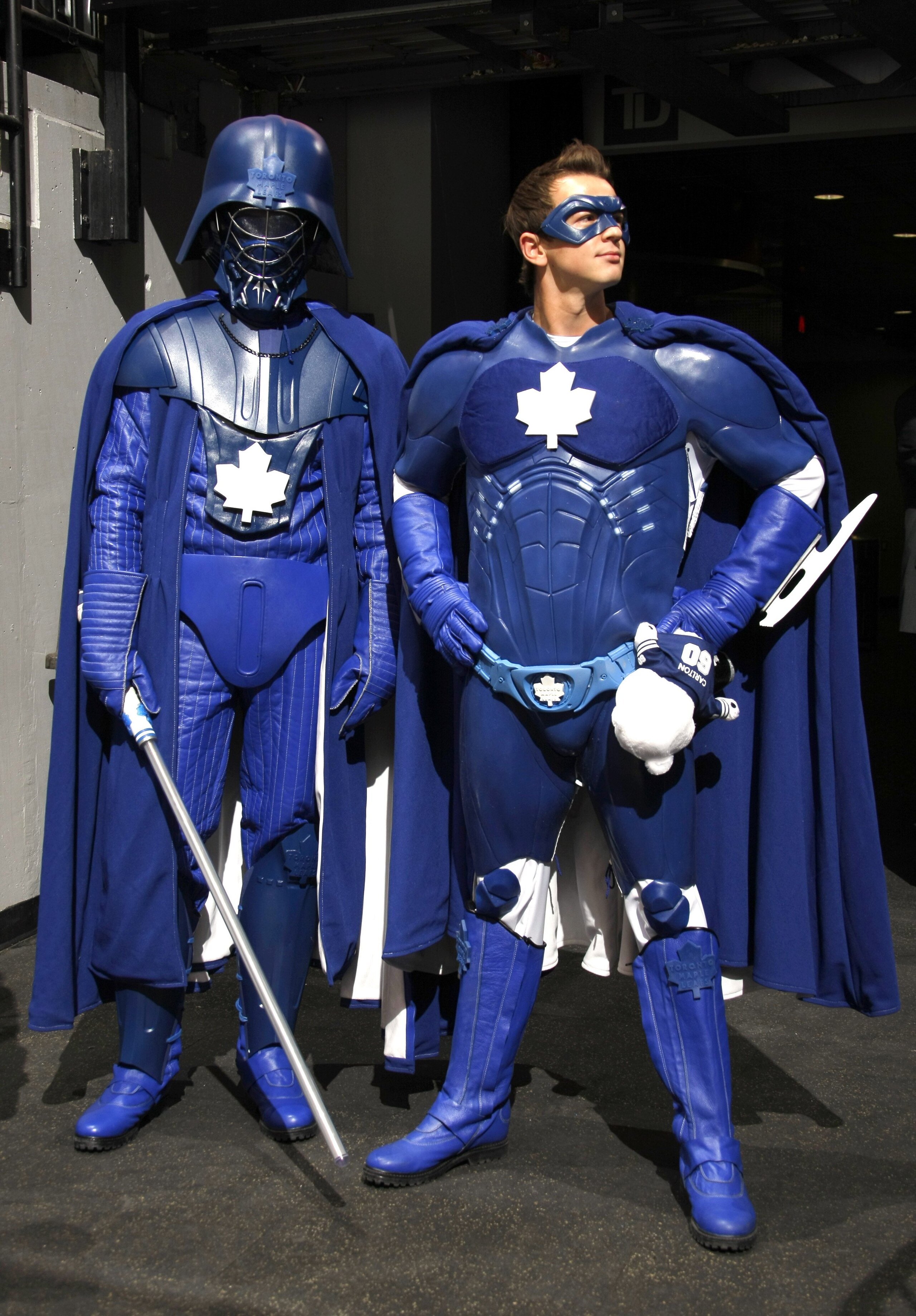 TORONTO - SEPTEMBER 29:  Costumed fans of the Toronto Maple Leafs look on during the NHL preseason game between the St.Louis Blues and the Toronto Maple Leafs at the Air Canada Centre on September 29, 2008 in Toronto, Ontario, Canada. The Leafs defeated t