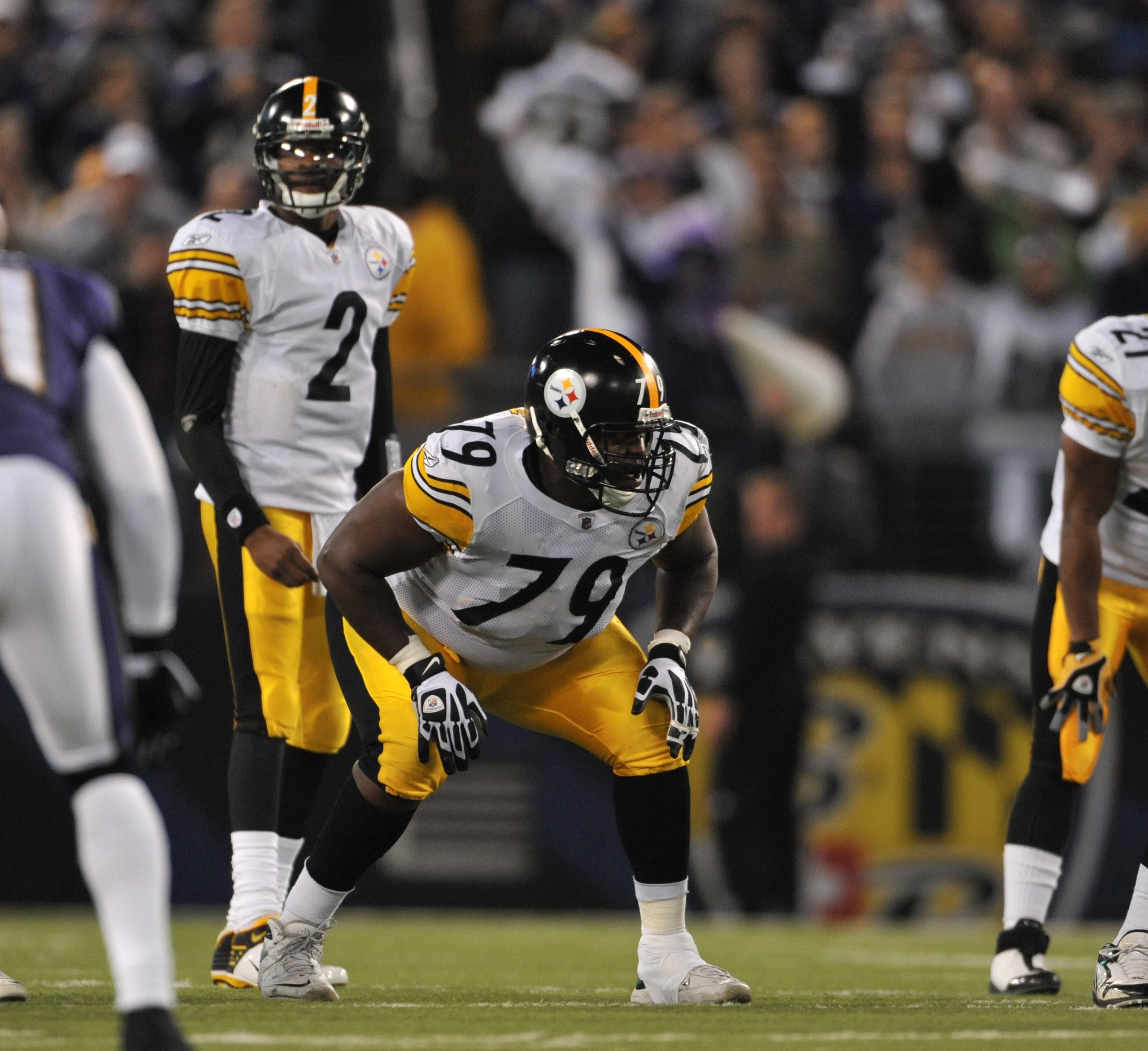 BALTIMORE - NOVEMBER 29:  Trai Essex #79 of the Pittsburgh Steelers defends against the  Baltimore Ravens at M&T Bank Stadium on November 29, 2009 in Baltimore, Maryland. The Ravens defeated the Steelers 20-17. (Photo by Larry French/Getty Images)