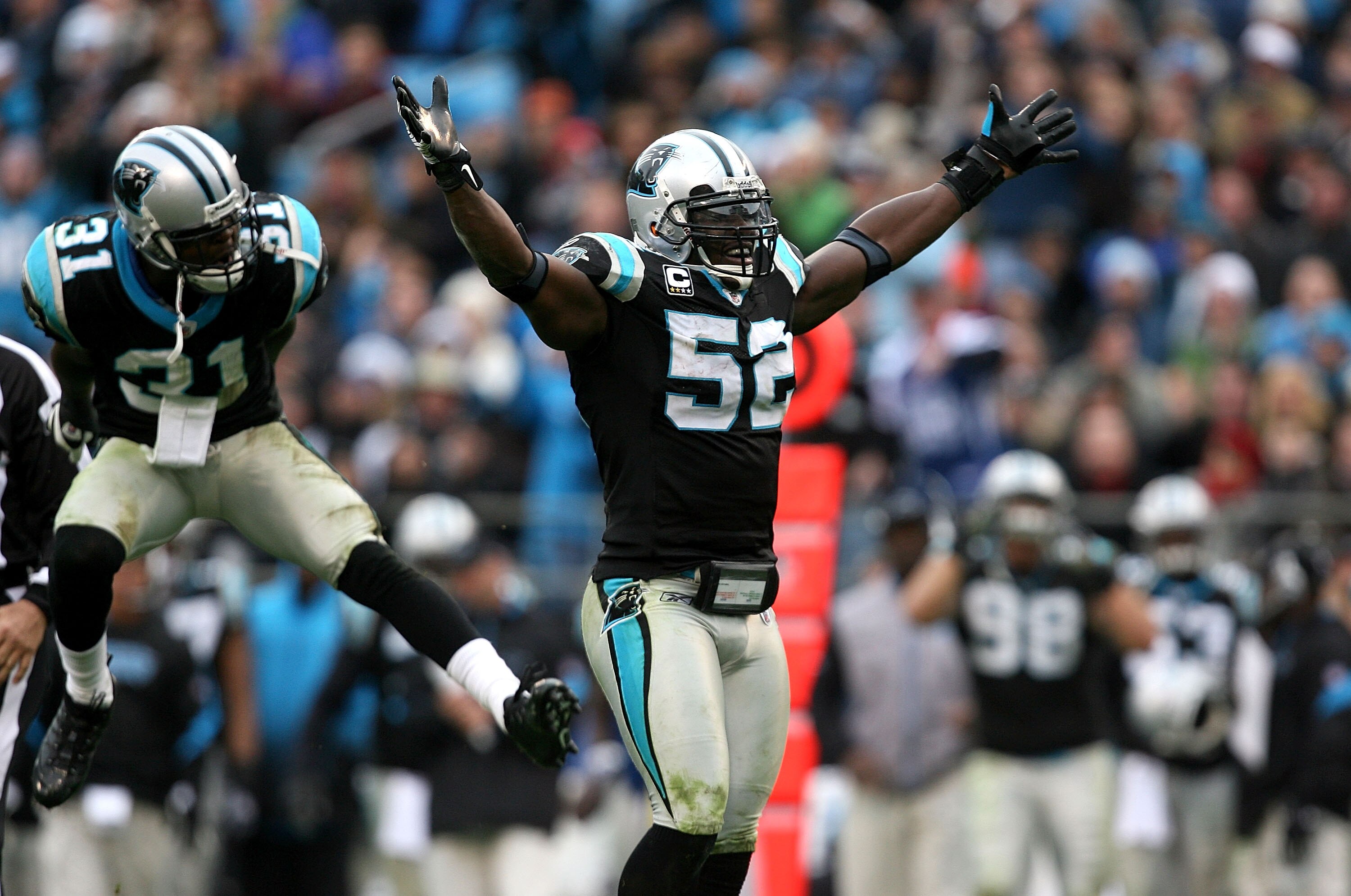 CHARLOTTE, NC - DECEMBER 06:  Teammates Richard Marshall #31 and Jon Beason #52 of the Carolina Panthers celebrate after a turnover during their game against the Tampa Bay Buccaneers at Bank of America Stadium on December 6, 2009 in Charlotte, North Carol