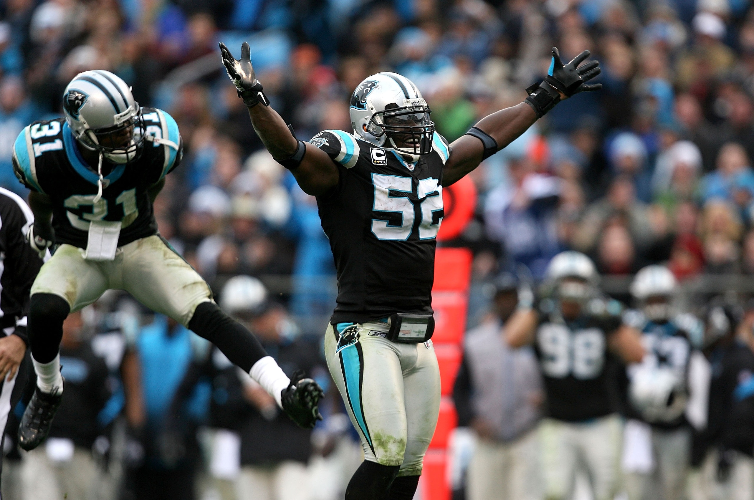 CHARLOTTE, NC - DECEMBER 06:  Teammates Richard Marshall #31 and Jon Beason #52 of the Carolina Panthers celebrate after a turnover during their game against the Tampa Bay Buccaneers at Bank of America Stadium on December 6, 2009 in Charlotte, North Carol