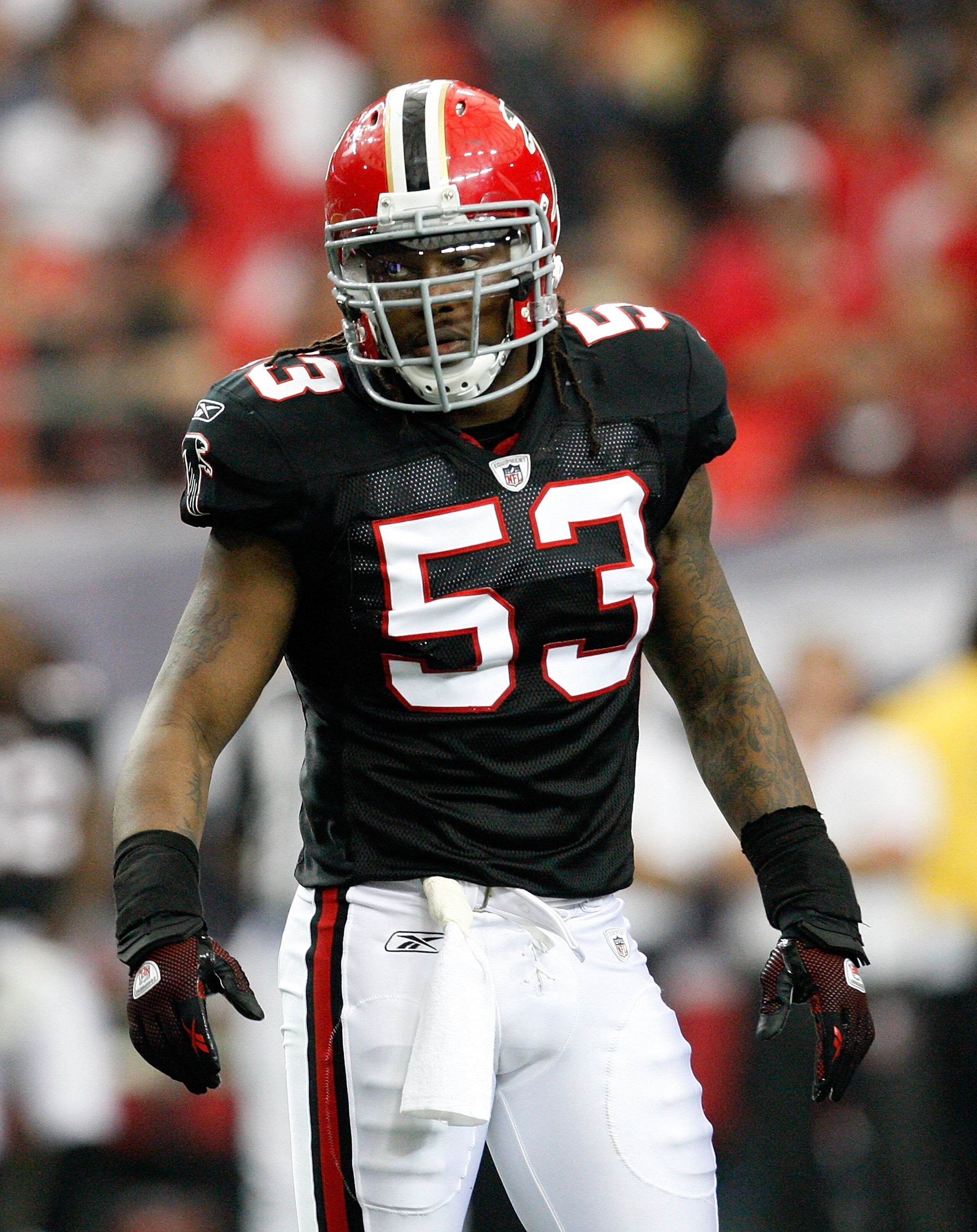 ATLANTA - SEPTEMBER 20:  Mike Peterson #53 of the Atlanta Falcons against the Carolina Panthers at Georgia Dome on September 20, 2009 in Atlanta, Georgia.  (Photo by Kevin C. Cox/Getty Images)