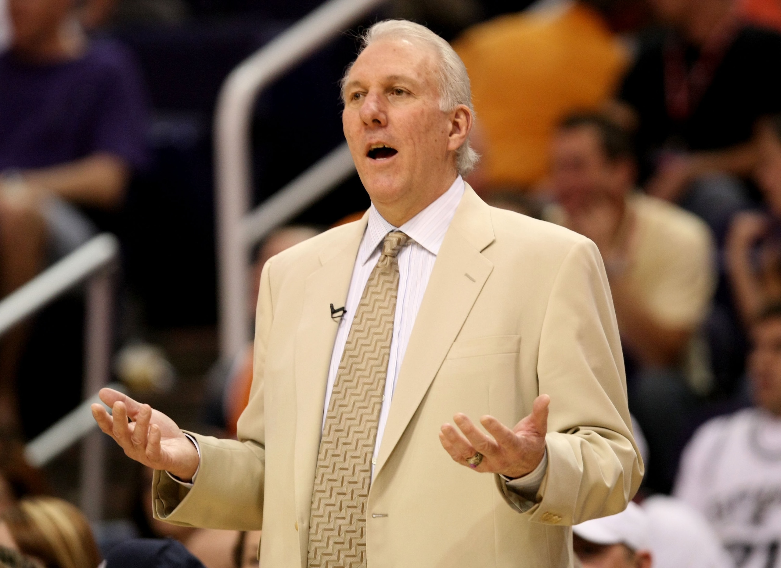 PHOENIX - APRIL 27:  Head coach Gregg Popovich of the San Antonio Spurs reacts to a call against the Phoenix Suns during Game Four of the Western Conference Quarterfinals during the 2008 at NBA Playoffs at U.S. Airways Center April 27, 2008 in Phoenix, Ar